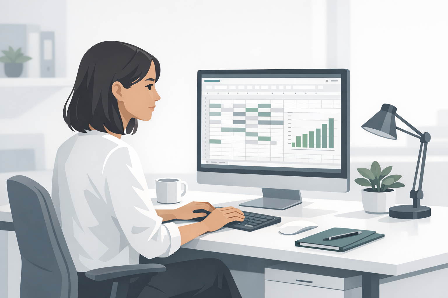 Junge Frau arbeitet konzentriert am Computer mit Excel-Tabelle in einem hellen Buero