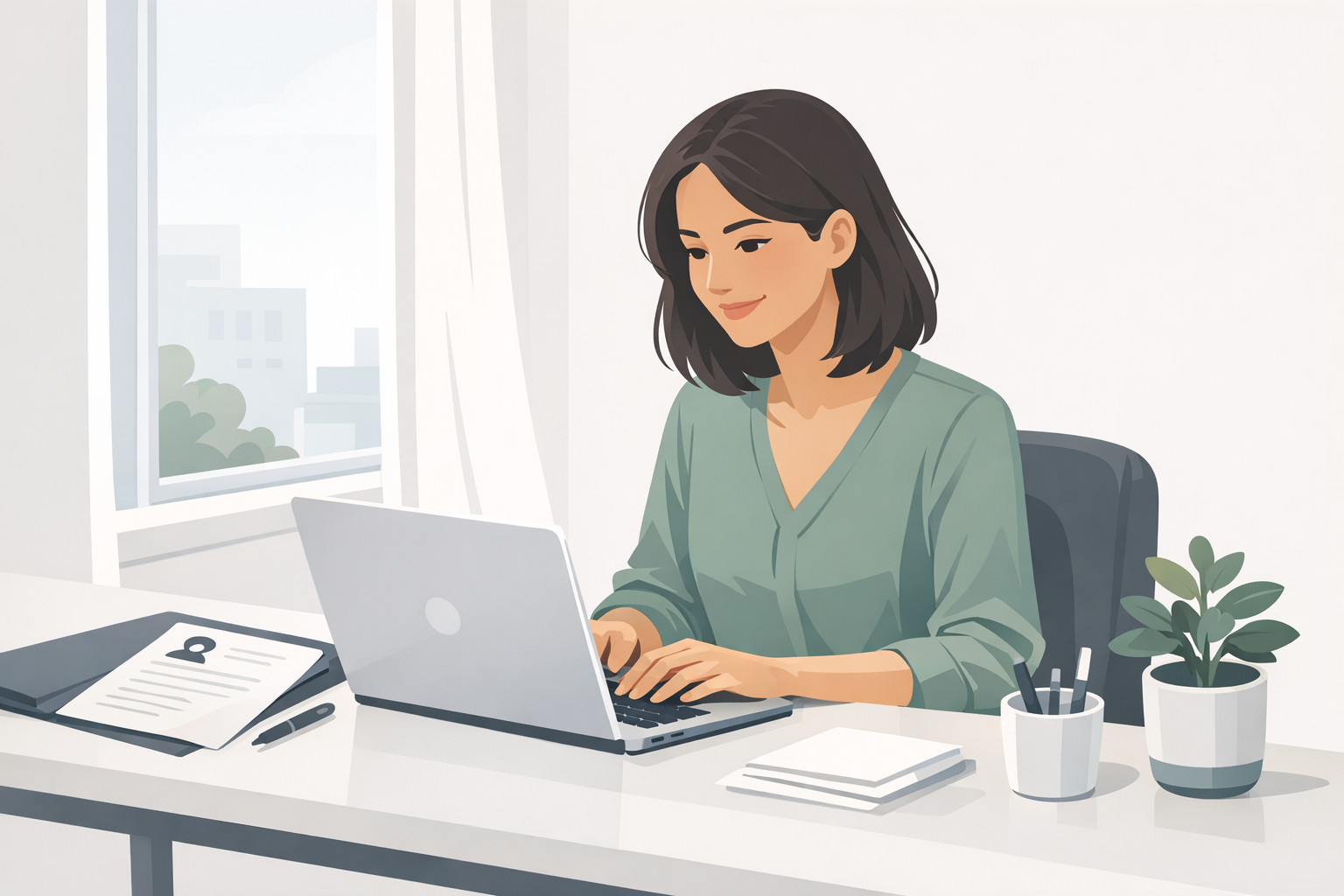 Junge Frau sitzt laechelnd am Laptop an einem Schreibtisch am Fenster und arbeitet an ihrer Bewerbung