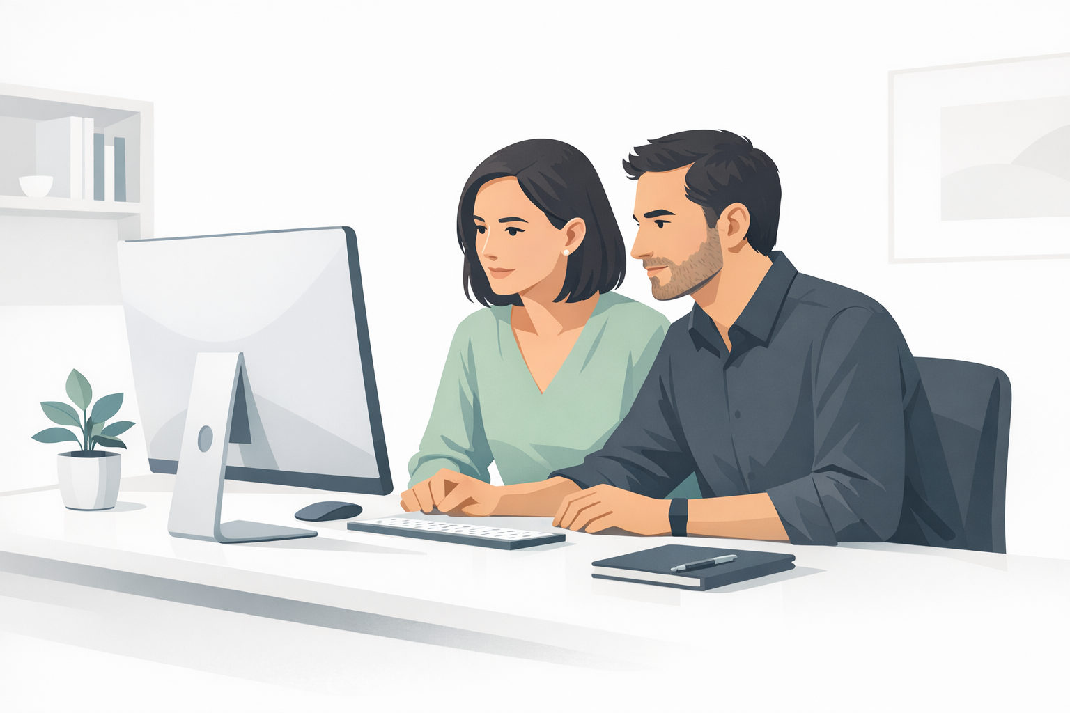 Mann und Frau sitzen nebeneinander am Schreibtisch und schauen gemeinsam auf einen Computerbildschirm