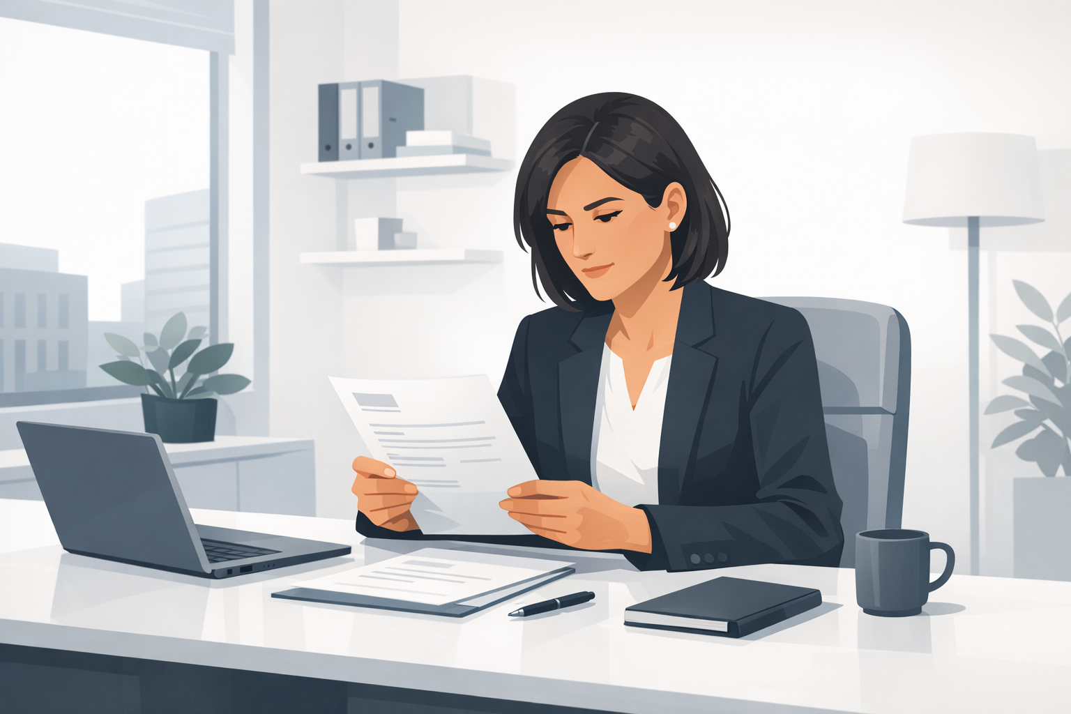 Personaler liest eine Bewerbung konzentriert an ihrem Schreibtisch in einem modernen Buero