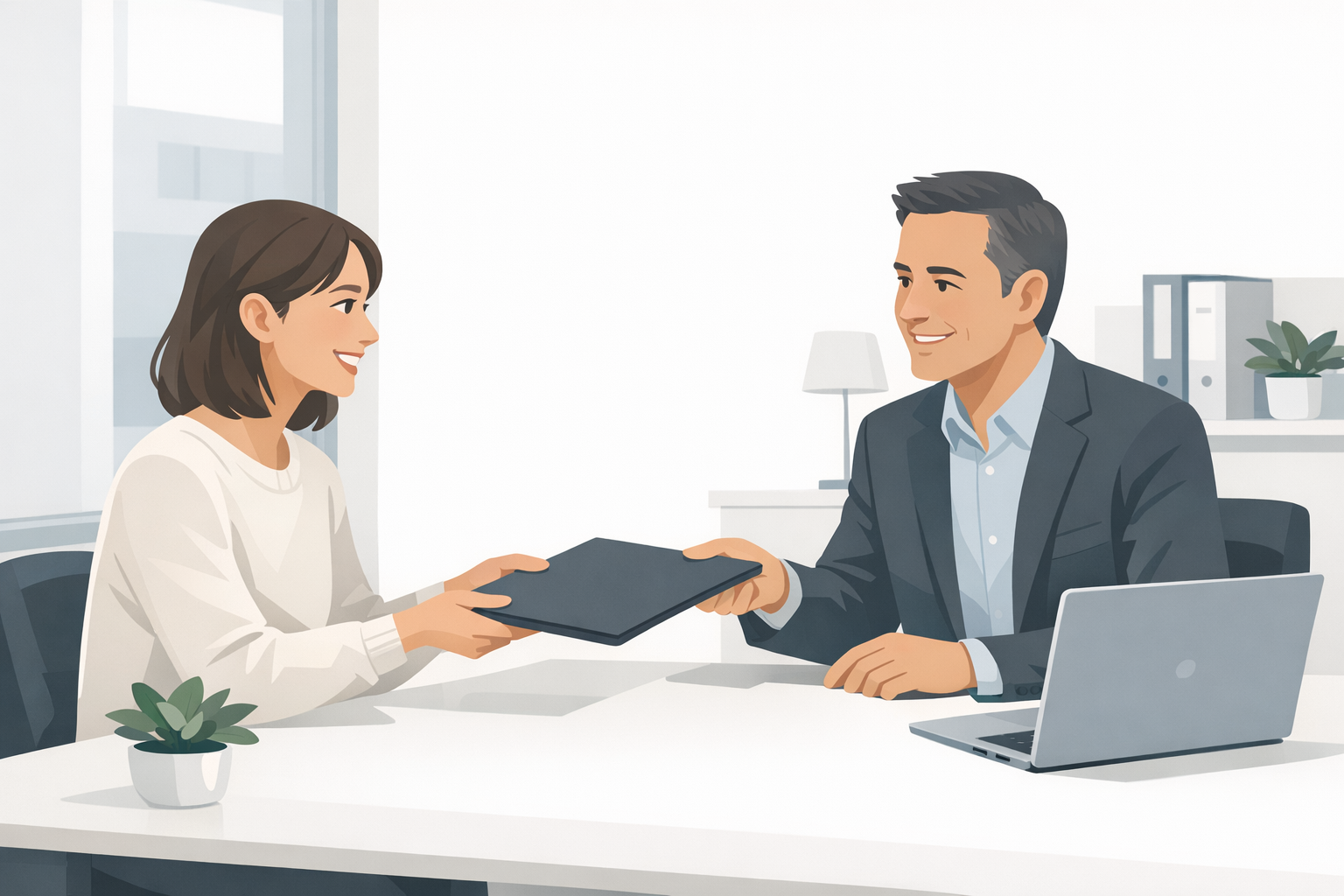 Studentin ueberreicht laechelnd ihre Bewerbungsmappe an einen Personaler in einem freundlichen Buero