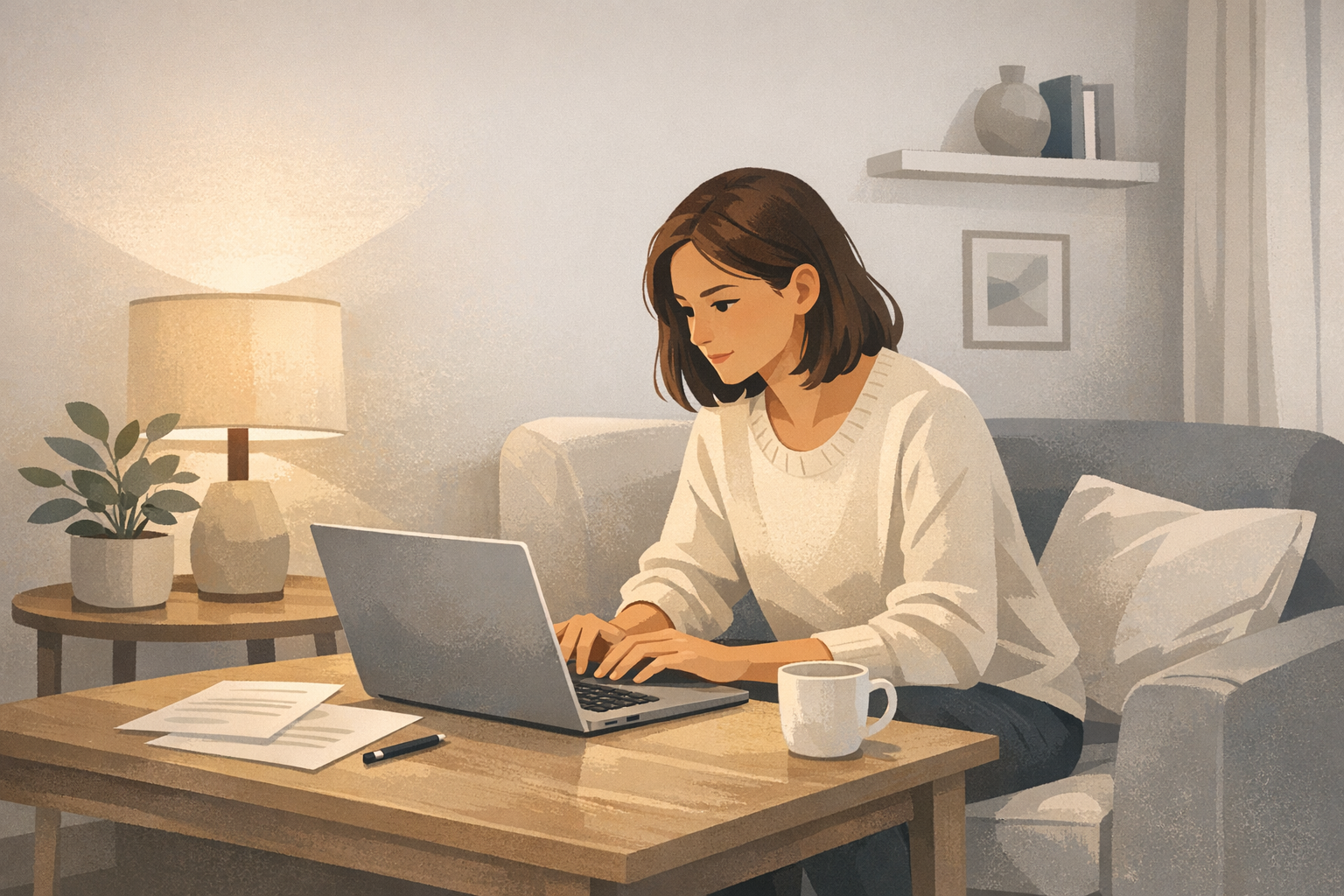 Junge Frau sitzt konzentriert am Laptop in einer ruhigen Wohnecke mit warmem Licht und arbeitet an ihrer Bewerbung