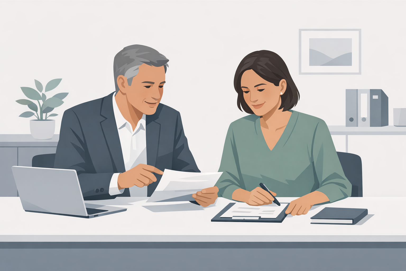 Karriereberater sitzen gemeinsam am Schreibtisch und besprechen Unterlagen