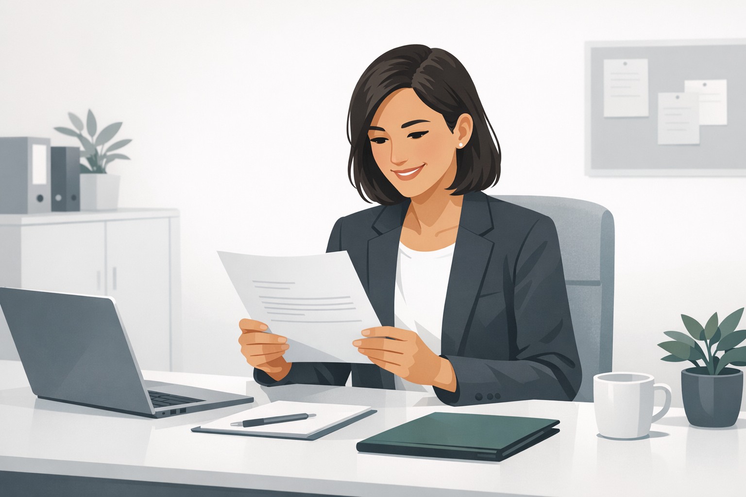 Personaler liest interessiert ein Anschreiben an ihrem Schreibtisch und laechelt dabei