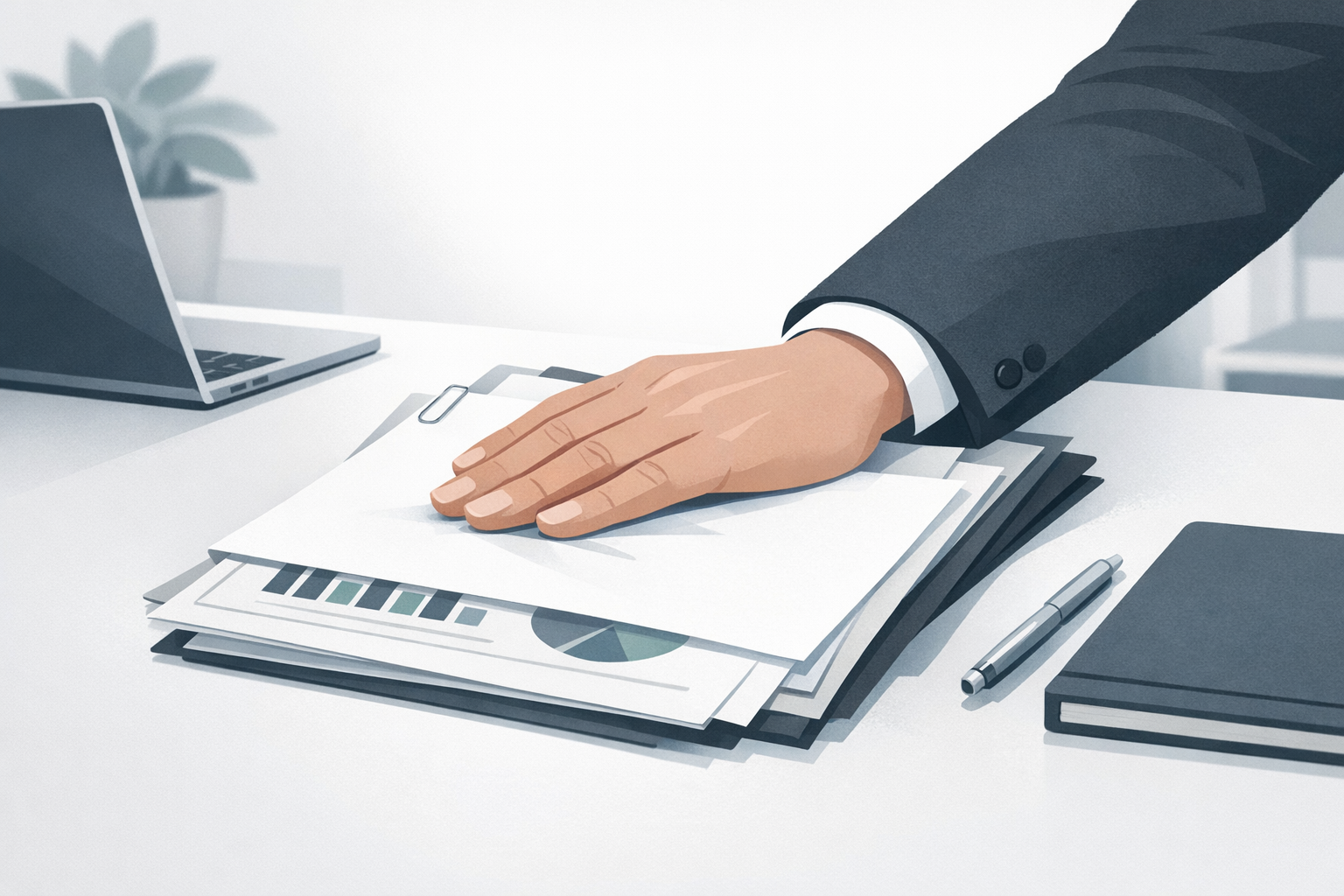 Person verdeckt vertrauliche Unterlagen auf dem Schreibtisch mit der Hand, symbolisch fuer Datenschutz