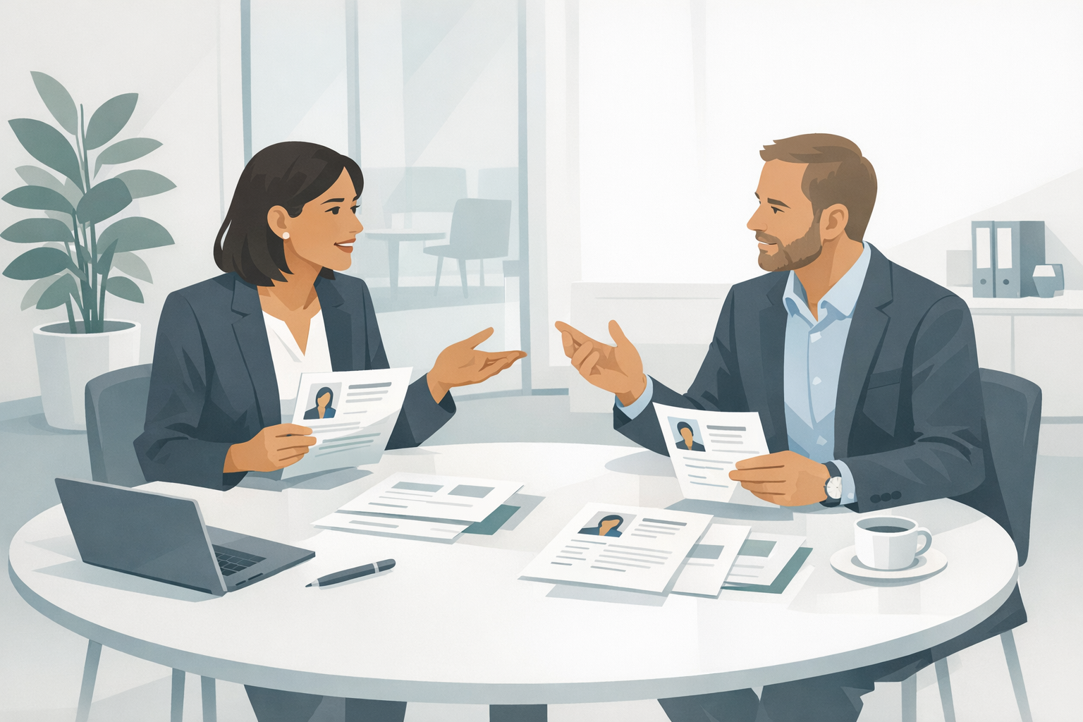 Zwei Personaler diskutieren lebhaft ueber Bewerbungsunterlagen an einem runden Tisch in einem hellen freundlichen Besprechungsraum