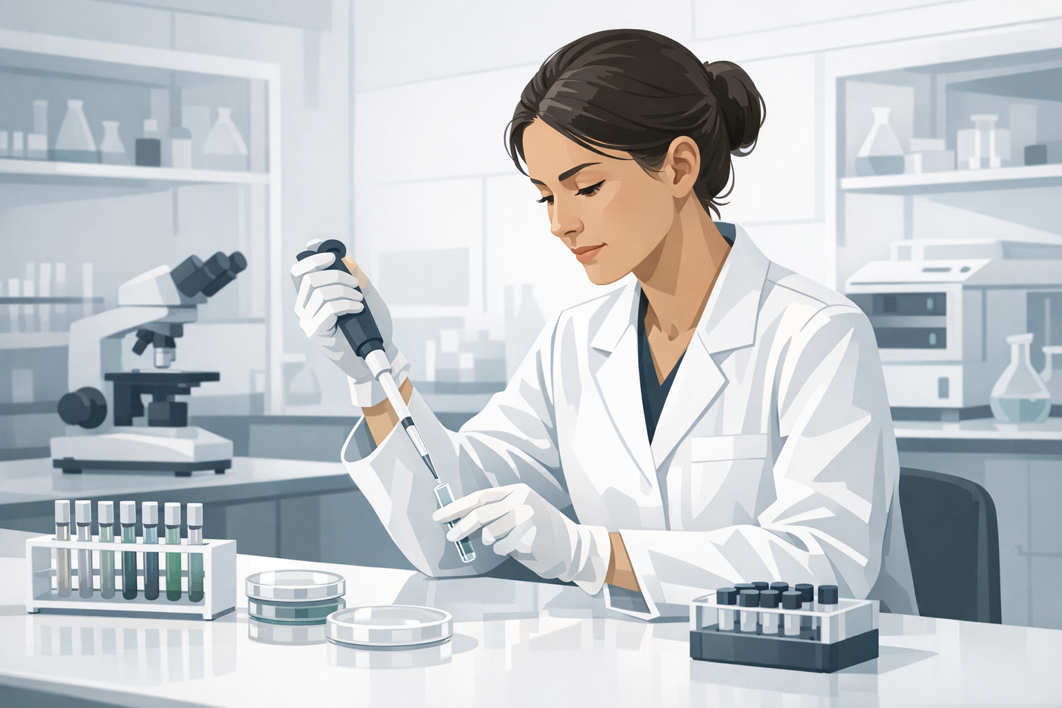 Laborantin im weissen Kittel pipettiert konzentriert eine Probe in einem modernen Forschungslabor