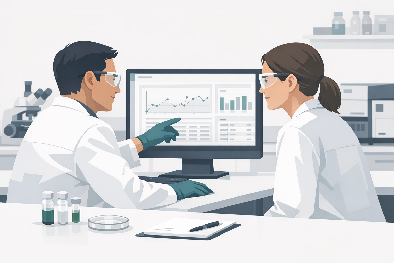 Zwei Labormitarbeiter in Schutzbrillen besprechen Analyseergebnisse an einem Bildschirm im Labor
