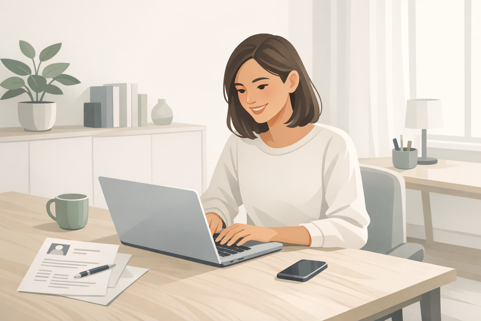 Junge Frau sitzt laechelnd am Laptop und arbeitet an ihrer Bewerbung in einem hellen Home-Office