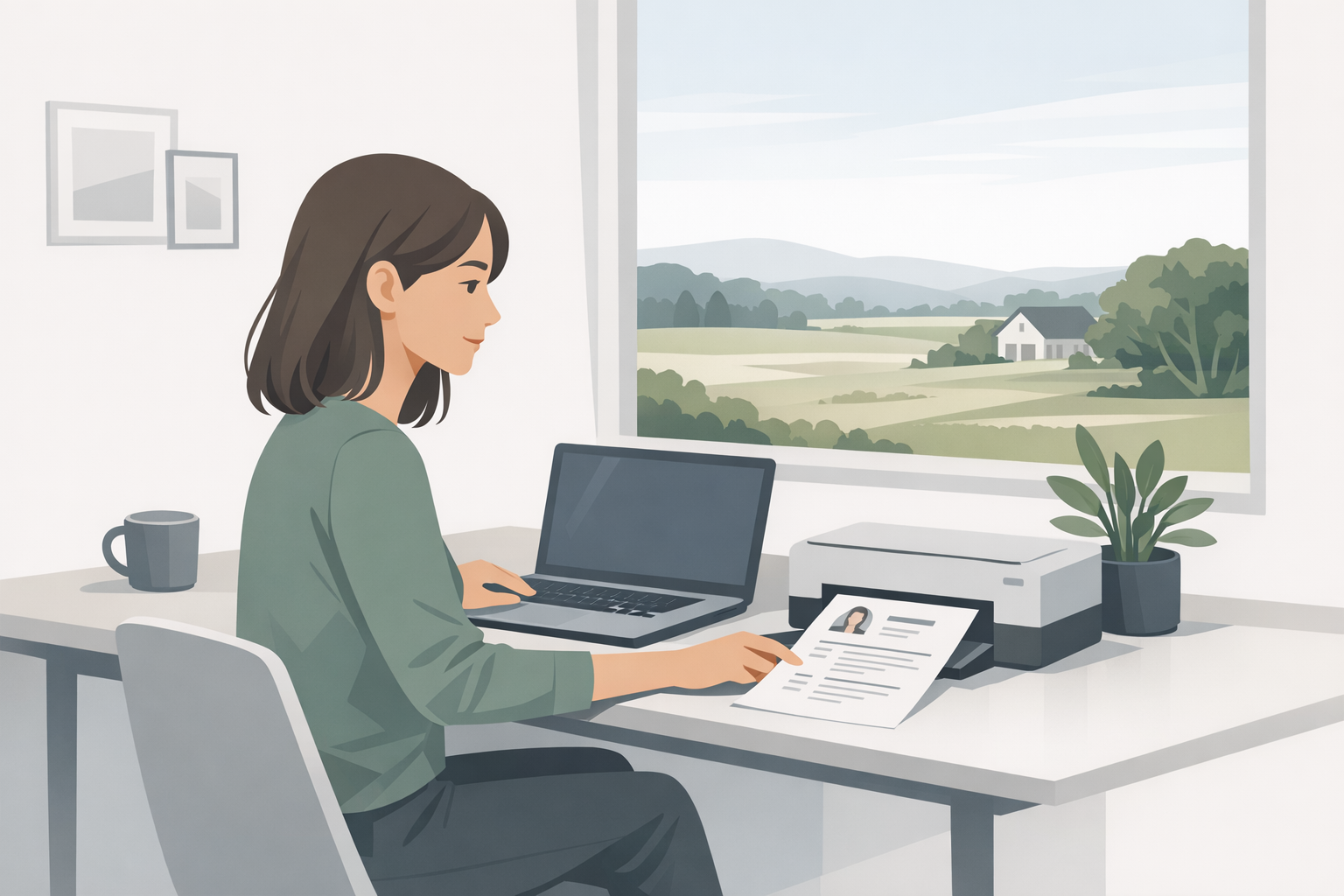 Junge Frau sitzt am Schreibtisch mit Laptop und druckt ihren Lebenslauf aus, laendliche Umgebung durch Fenster sichtbar