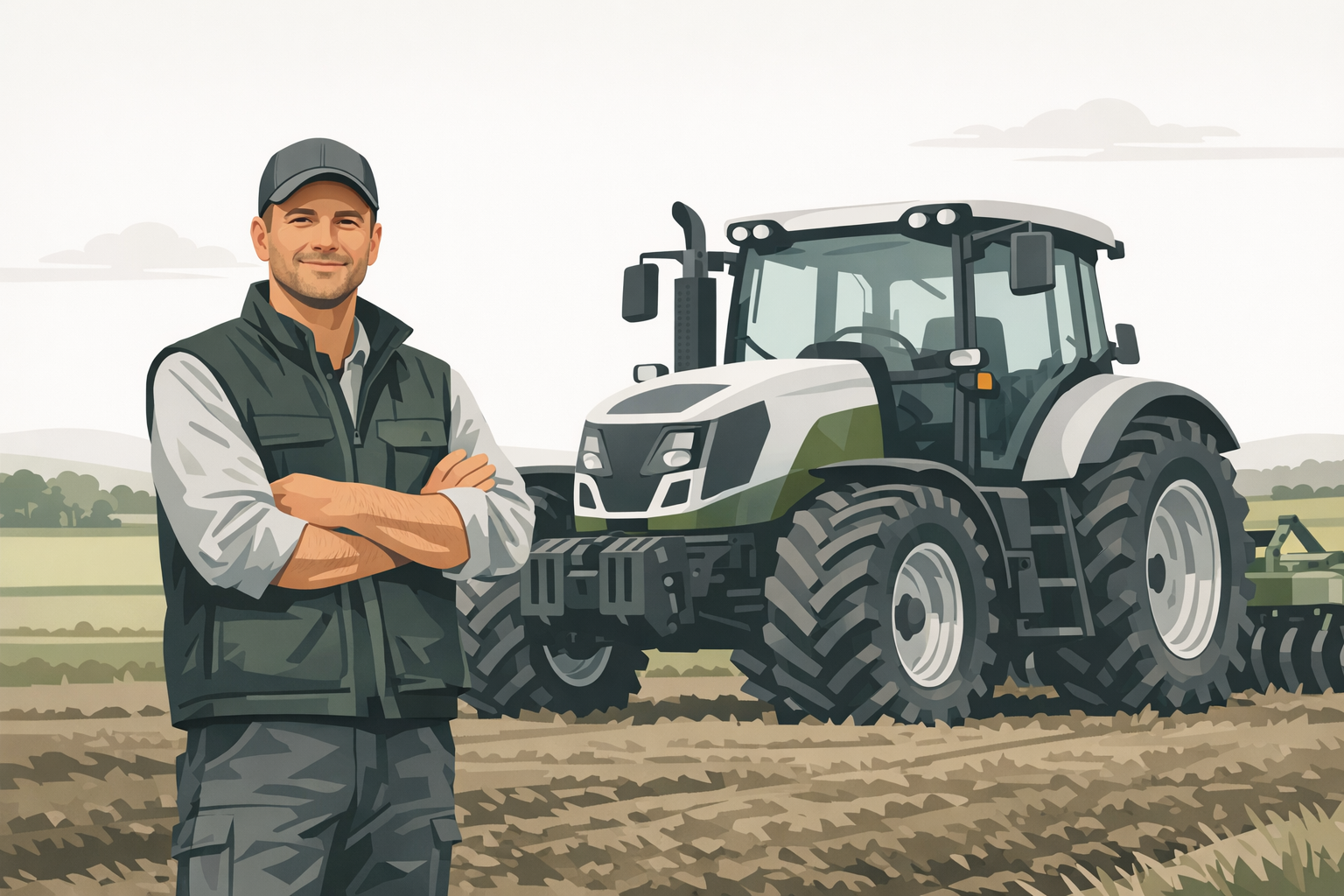 Landwirt in Arbeitskleidung steht neben einem modernen Traktor auf einem Feld und blickt zuversichtlich in die Kamera