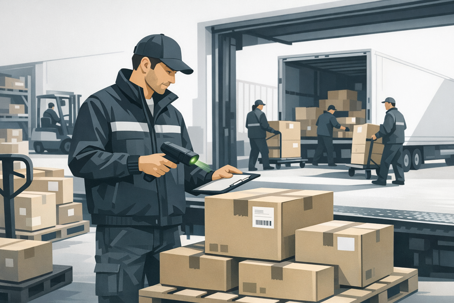 Lagerarbeiter scannt mit Handscanner Pakete auf einer Laderampe, geschaeftige Atmosphaere