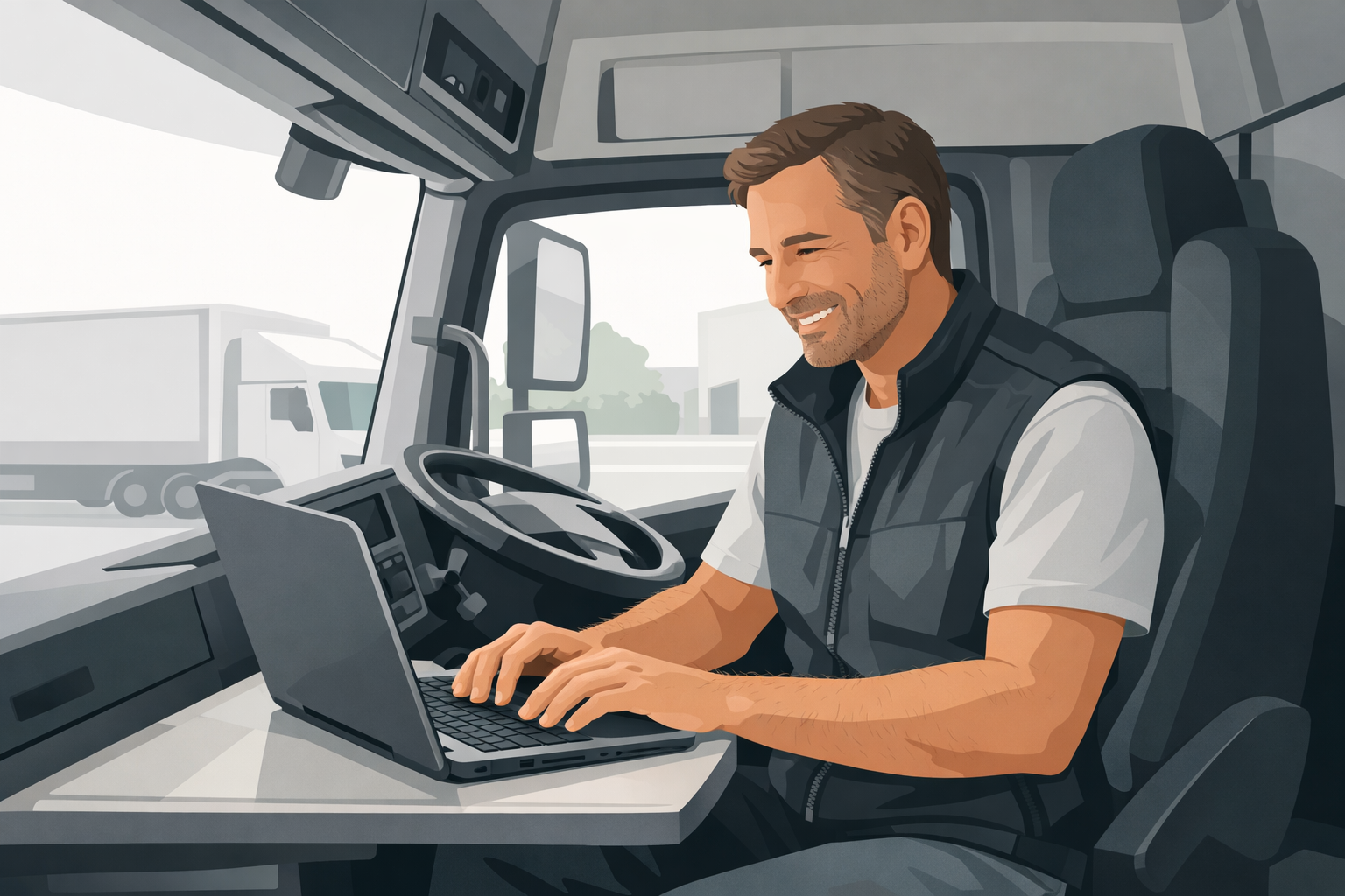 Berufskraftfahrer sitzt laechelnd am Laptop in einer Fahrerkabine und tippt auf der Tastatur