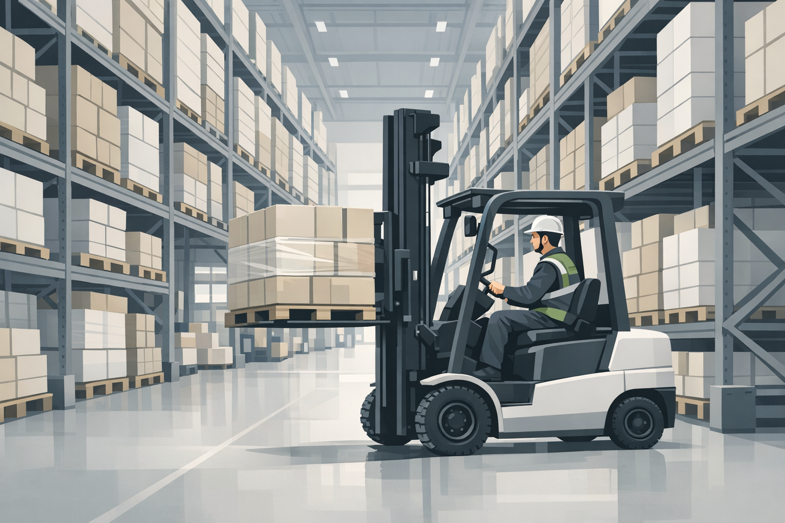 Fachkraft fuer Lagerlogistik faehrt Gabelstapler durch ein grosses modernes Hochregallager