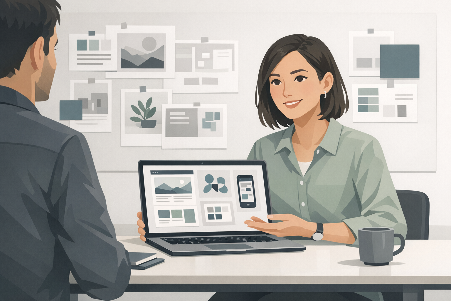 Junge Designerin praesentiert Portfolio auf einem Laptop in einem kreativen Buero mit Moodboards an der Wand