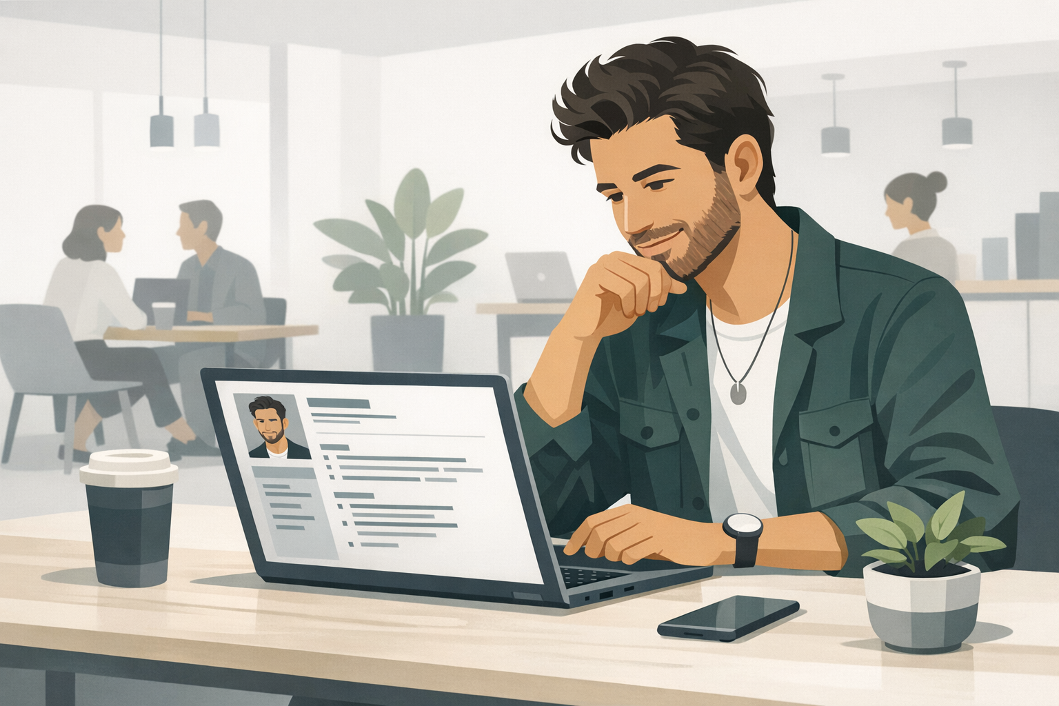 Kreativ gekleideter junger Mann schaut zufrieden auf seinen modernen Lebenslauf am Laptop in einem Coworking Space