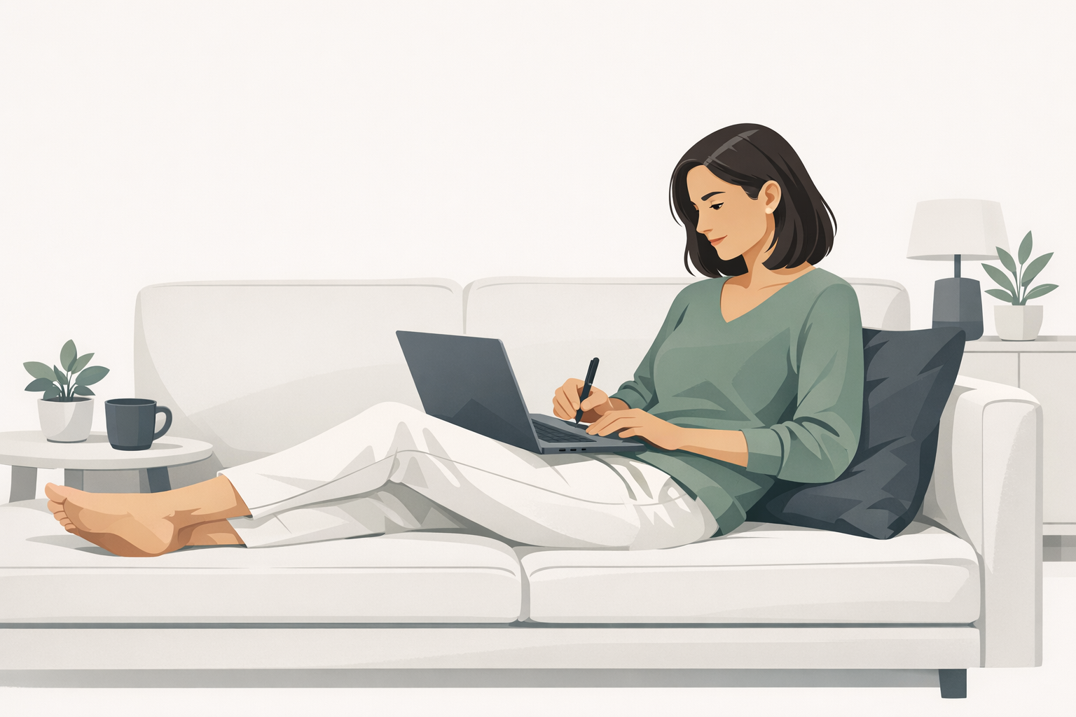 Frau sitzt entspannt mit Laptop auf einem Sofa und schreibt konzentriert an ihrer Bewerbung