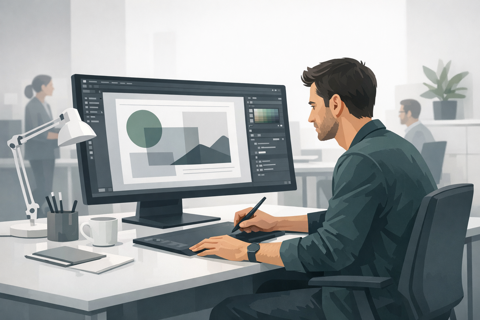 Mediengestalter arbeitet konzentriert an einem grossen Bildschirm mit Grafikprogramm in einer Agentur