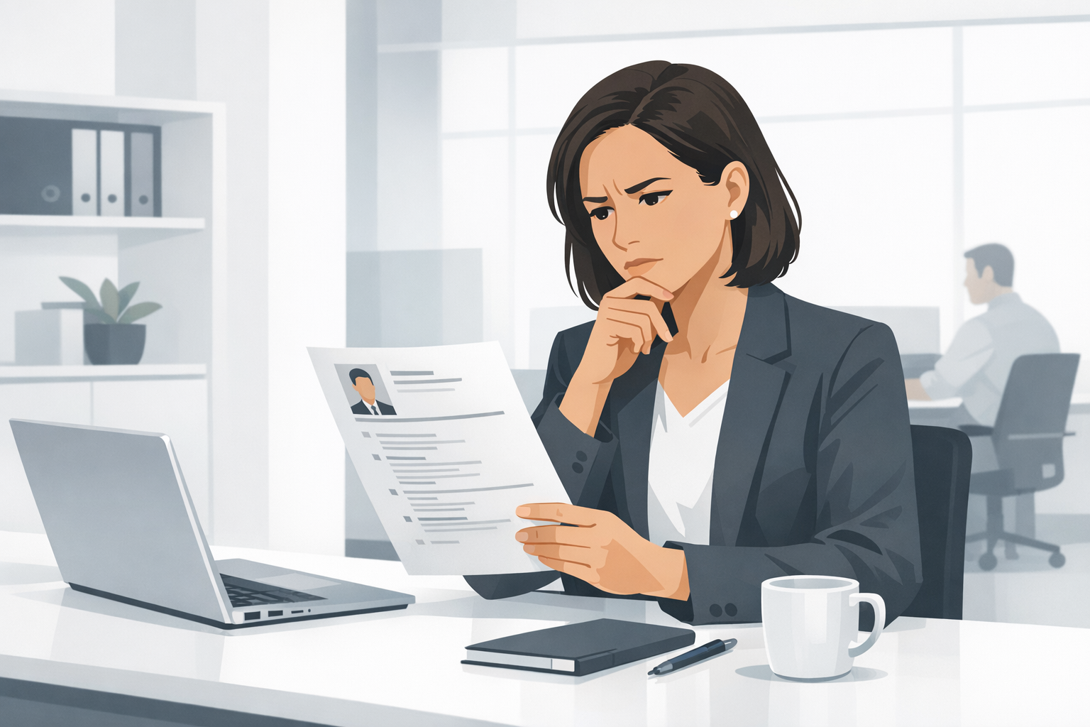 Recruiter schaut skeptisch auf einen ausgedruckten Lebenslauf in einem modernen Buero