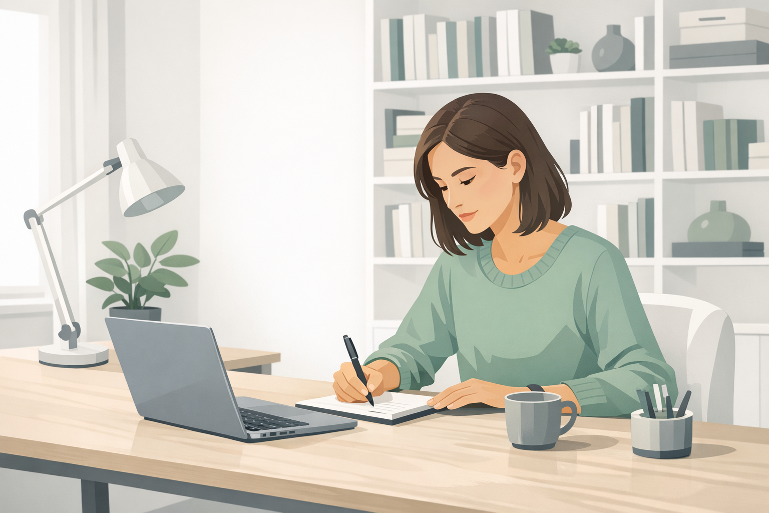 Junge Frau sitzt am Schreibtisch mit Laptop und Notizblock und arbeitet konzentriert an einem Bewerbungsschreiben, helles Arbeitszimmer mit Buecherregal