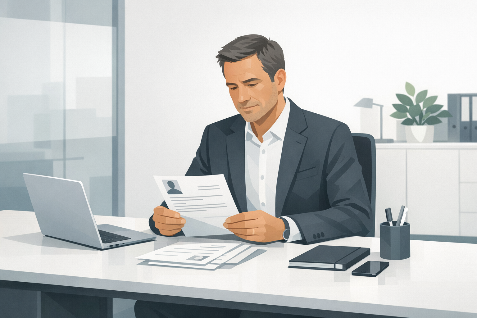 Personaler liest Bewerbungsunterlagen am Schreibtisch in einem modernen Buero