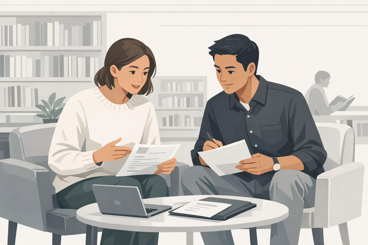 Zwei junge Menschen sitzen gemeinsam in einer Bibliothek und besprechen Bewerbungsunterlagen