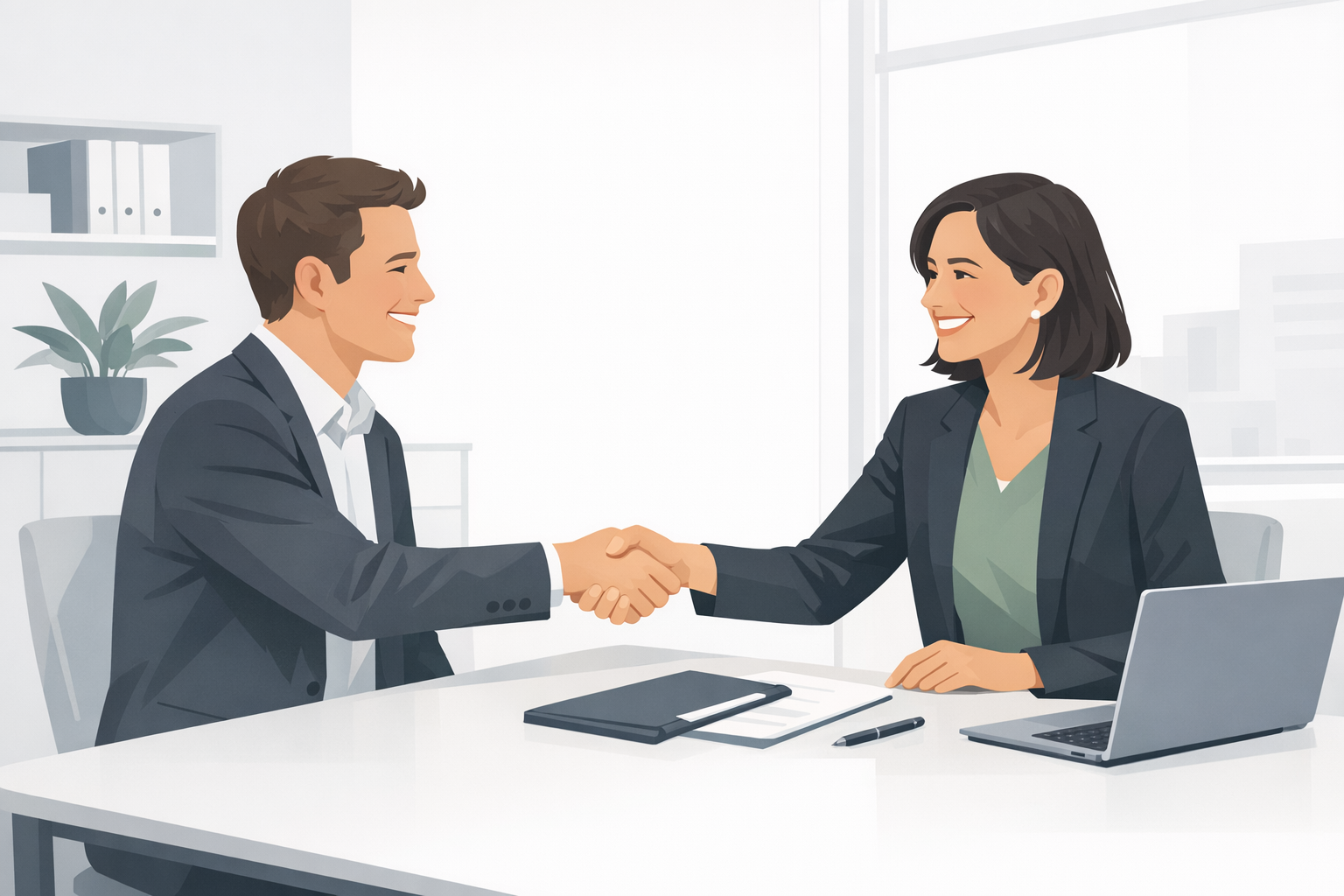 Bewerber und Personaler schuetteln sich laechelnd die Hand nach einem erfolgreichen Vorstellungsgespraech in einem hellen Buero