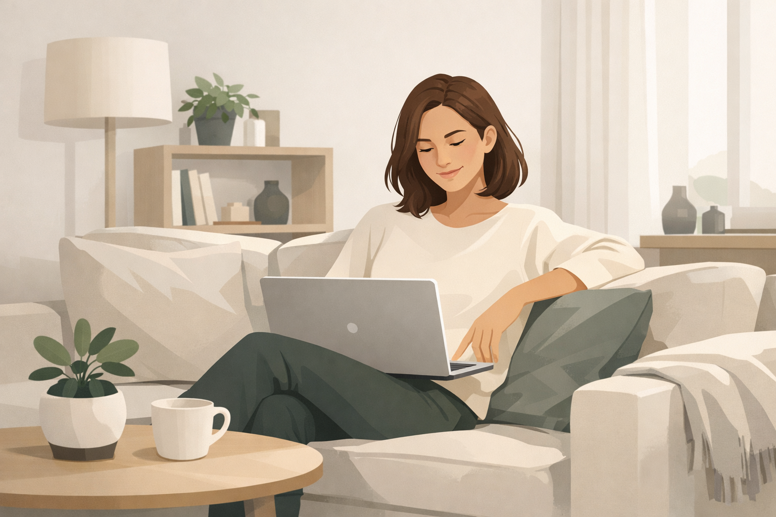 Junge Frau schaut zufrieden auf ihren Laptop-Bildschirm, laechelt entspannt auf dem Sofa in warmem gemuetlichem Wohnzimmer