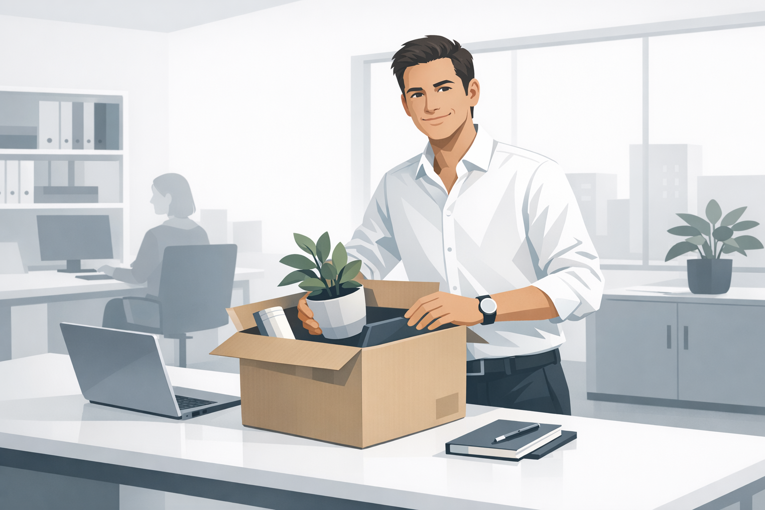 Junger Mann packt selbstbewusst laechelnd einen Karton an ihrem Schreibtisch im Buero, letzter Arbeitstag