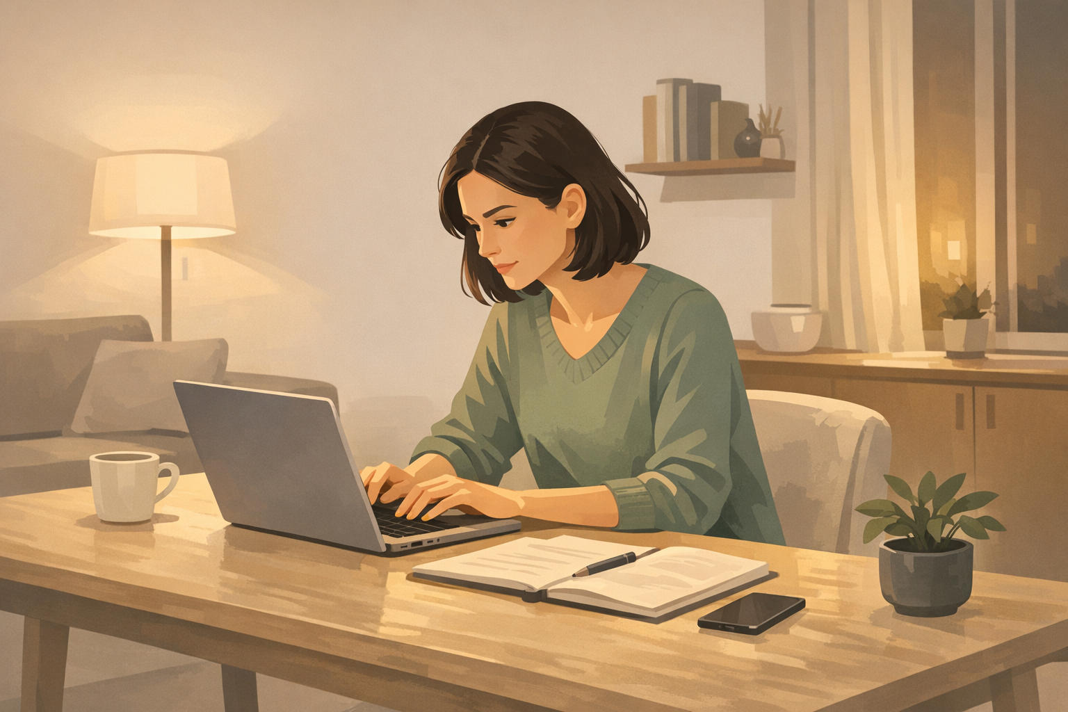 Bewerberin sitzt konzentriert am Laptop an einem Schreibtisch in ihrer Wohnung und schreibt an einem Dokument, warmes Zimmerlicht