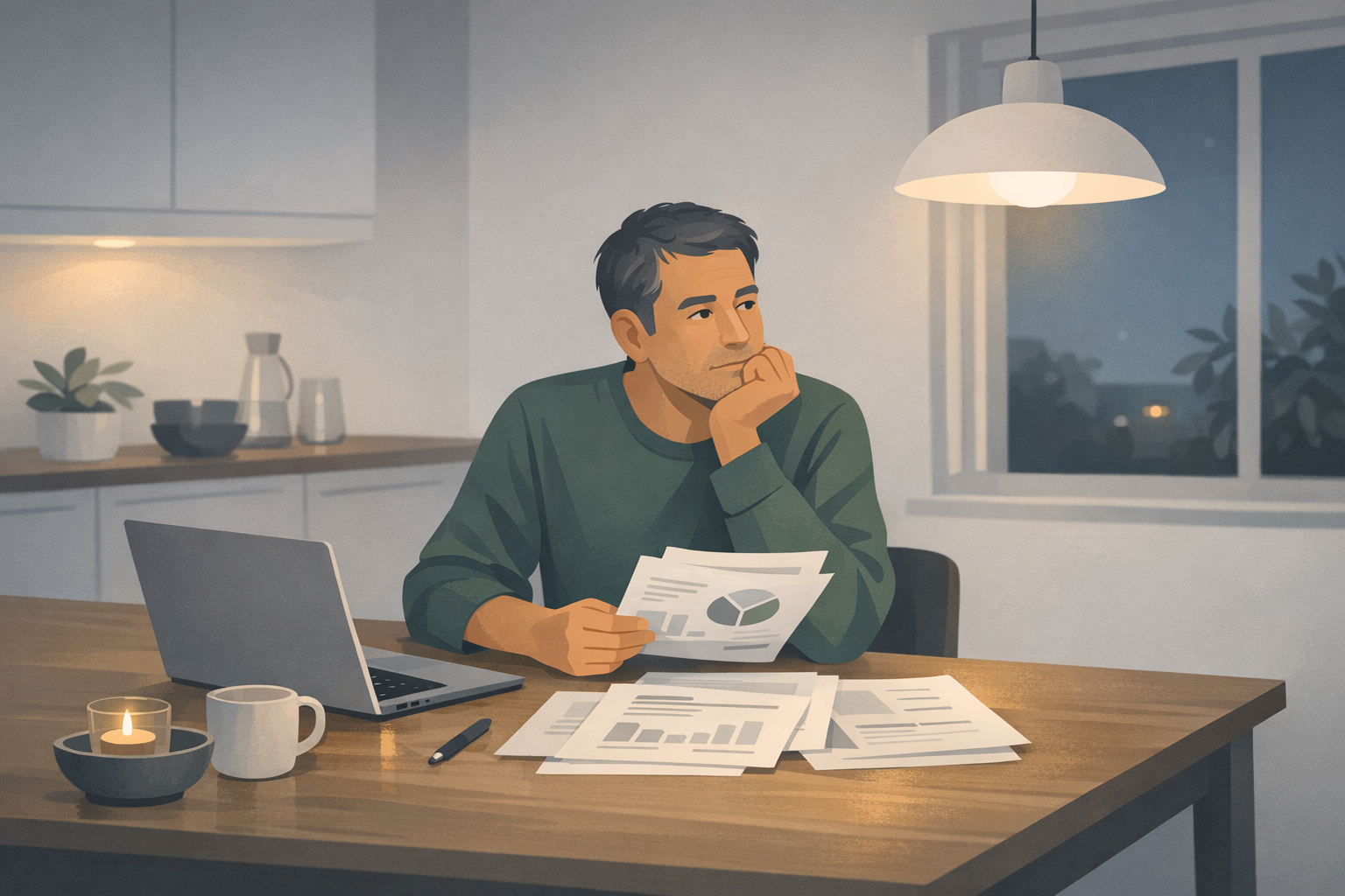Mann mittleren Alters sitzt nachdenklich mit Unterlagen und Laptop am Kuechentisch und plant seine berufliche Zukunft, gemuetliche Kueche am Abend