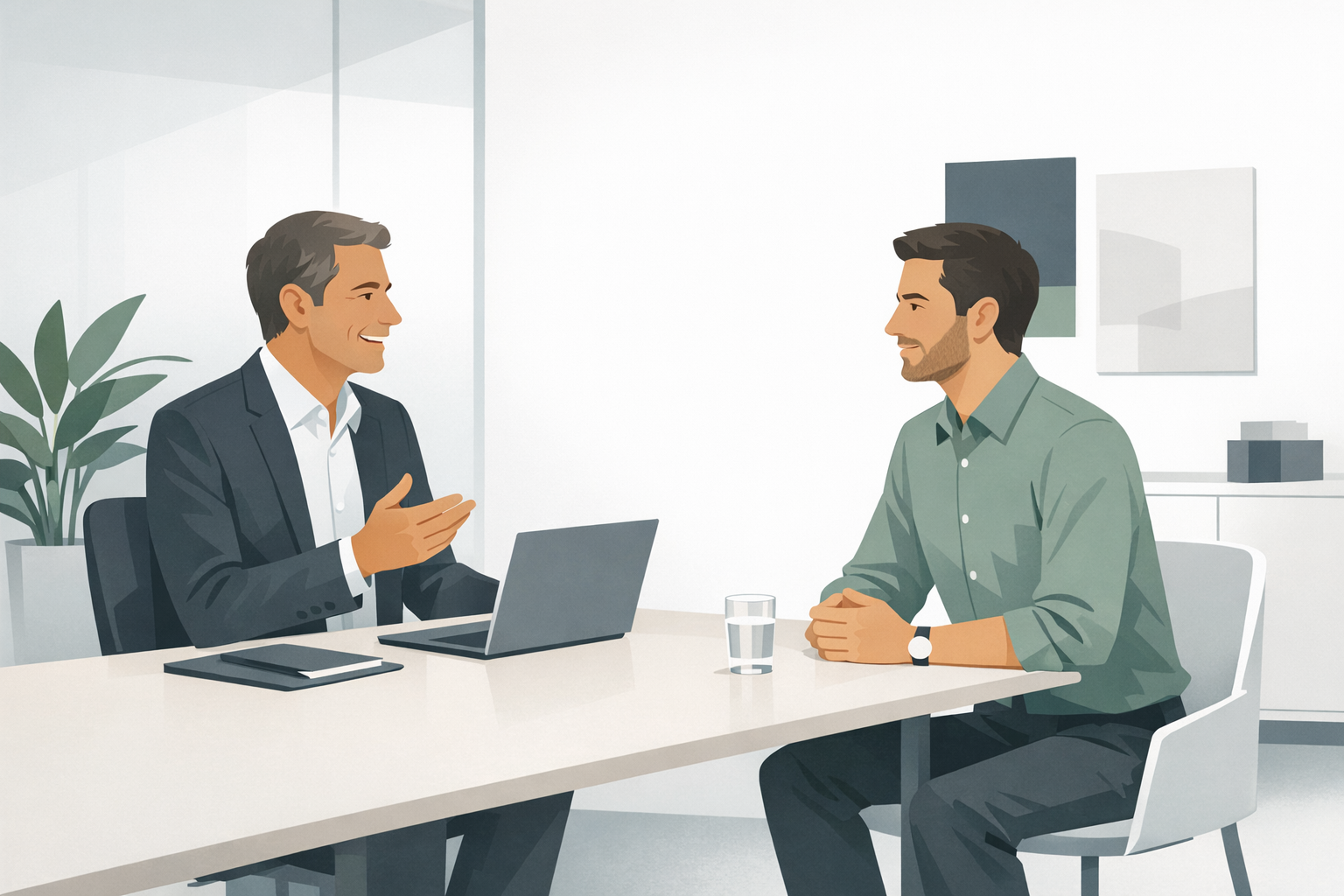 Personaler und Bewerber im freundlichen Vorstellungsgespraech in einem modernen Besprechungsraum