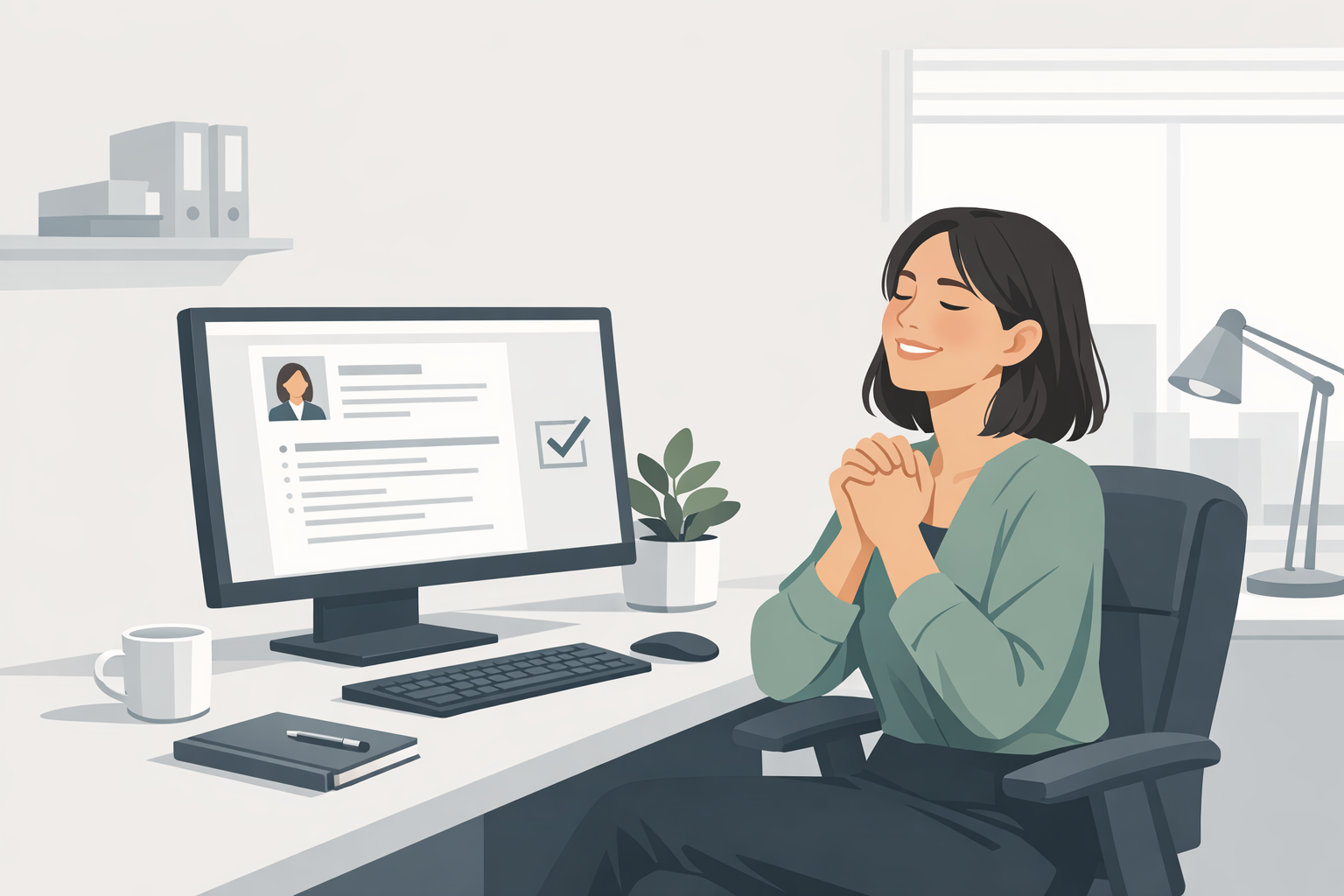 Junge Frau laechelt erleichtert, als sie am Schreibtisch eine Bewerbung am Bildschirm fertigstellt