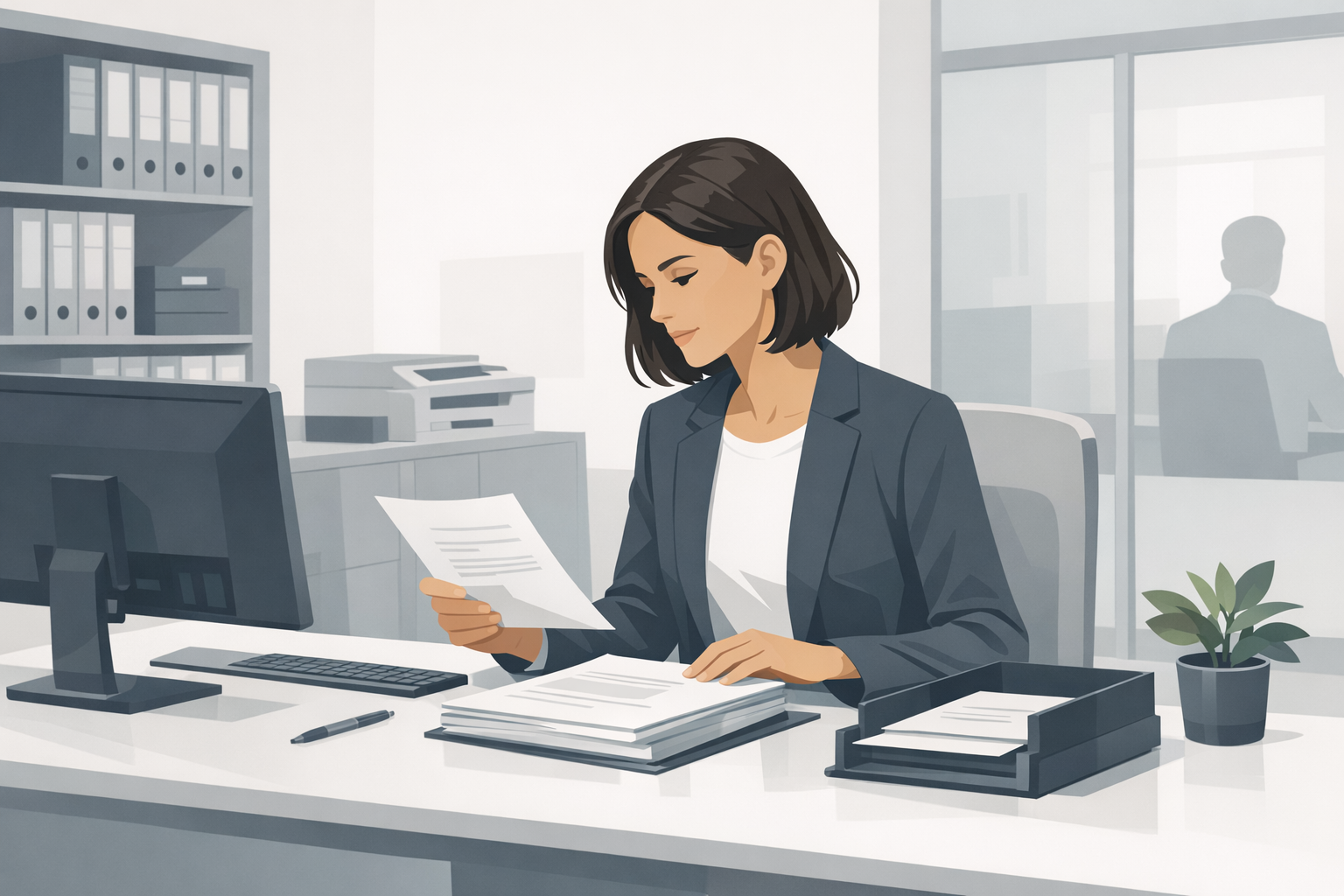 Sachbearbeiterin in einem modernen Buero einer Behoerde prueft Dokumente am Schreibtisch