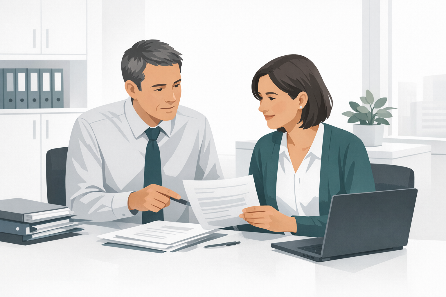 Zwei Verwaltungsangestellte besprechen gemeinsam Unterlagen in einem hellen Amtsbuero