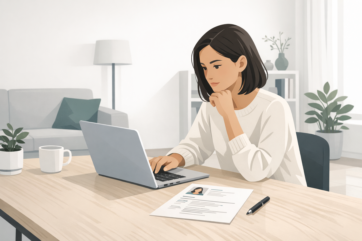 Junge Frau sitzt konzentriert am Laptop und ueberarbeitet ihren Lebenslauf in einer modernen Wohnung