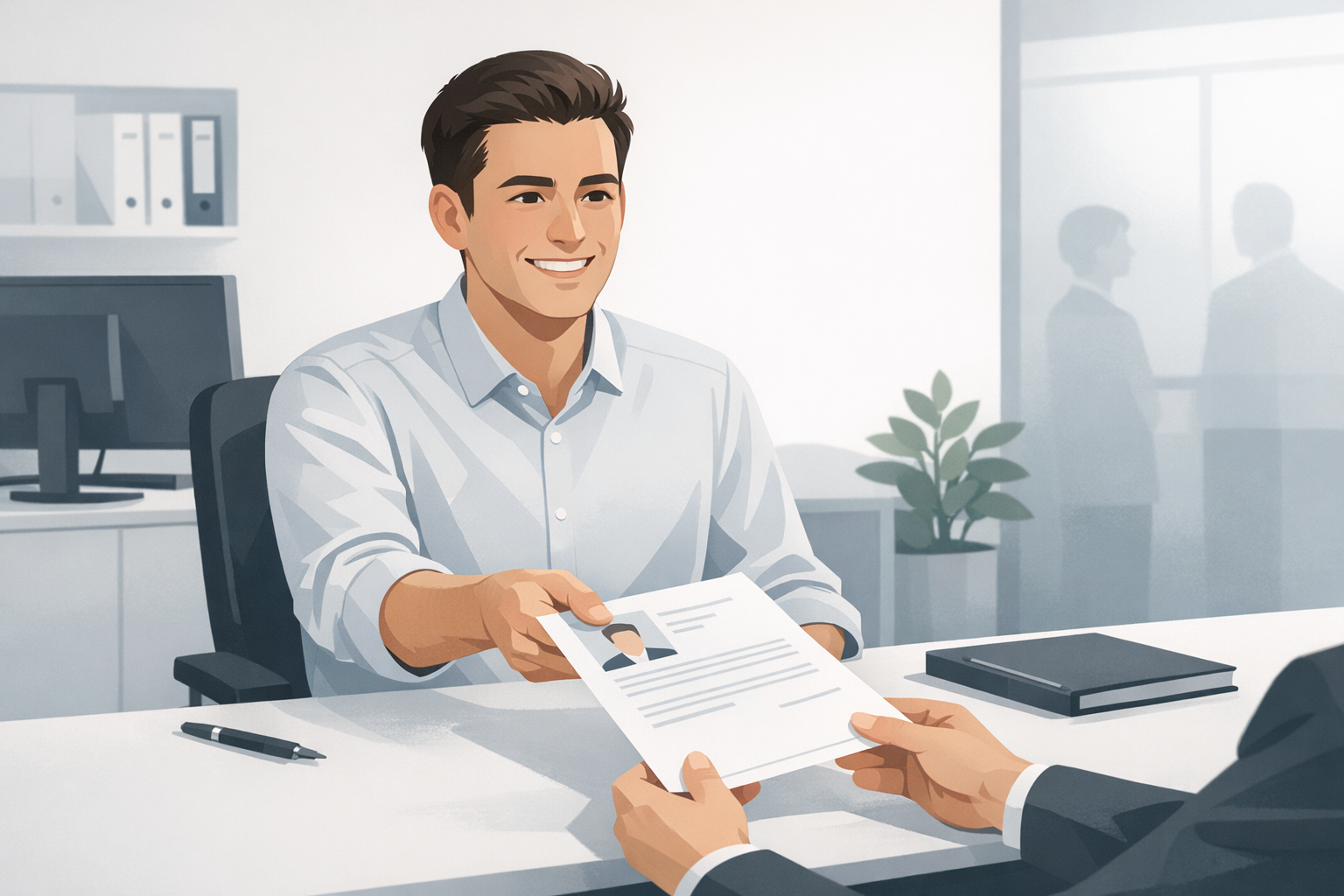 Junger Mann im Hemd reicht laechelnd Bewerbungsunterlagen ueber einen Schreibtisch in einem Behoerdenbuero