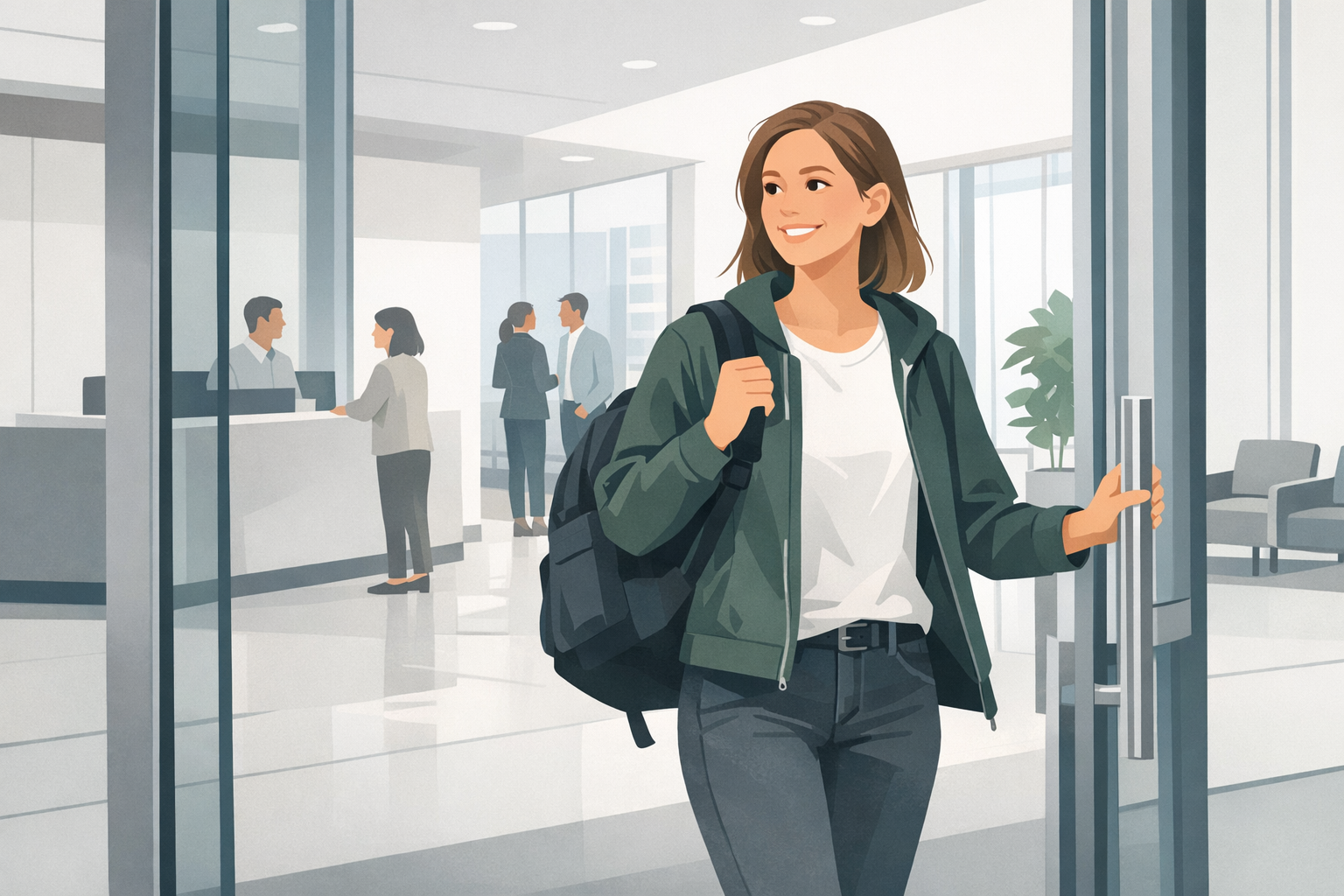 Studentin mit Rucksack betritt laechelnd ein modernes Buerogebaeude zum ersten Praktikumstag