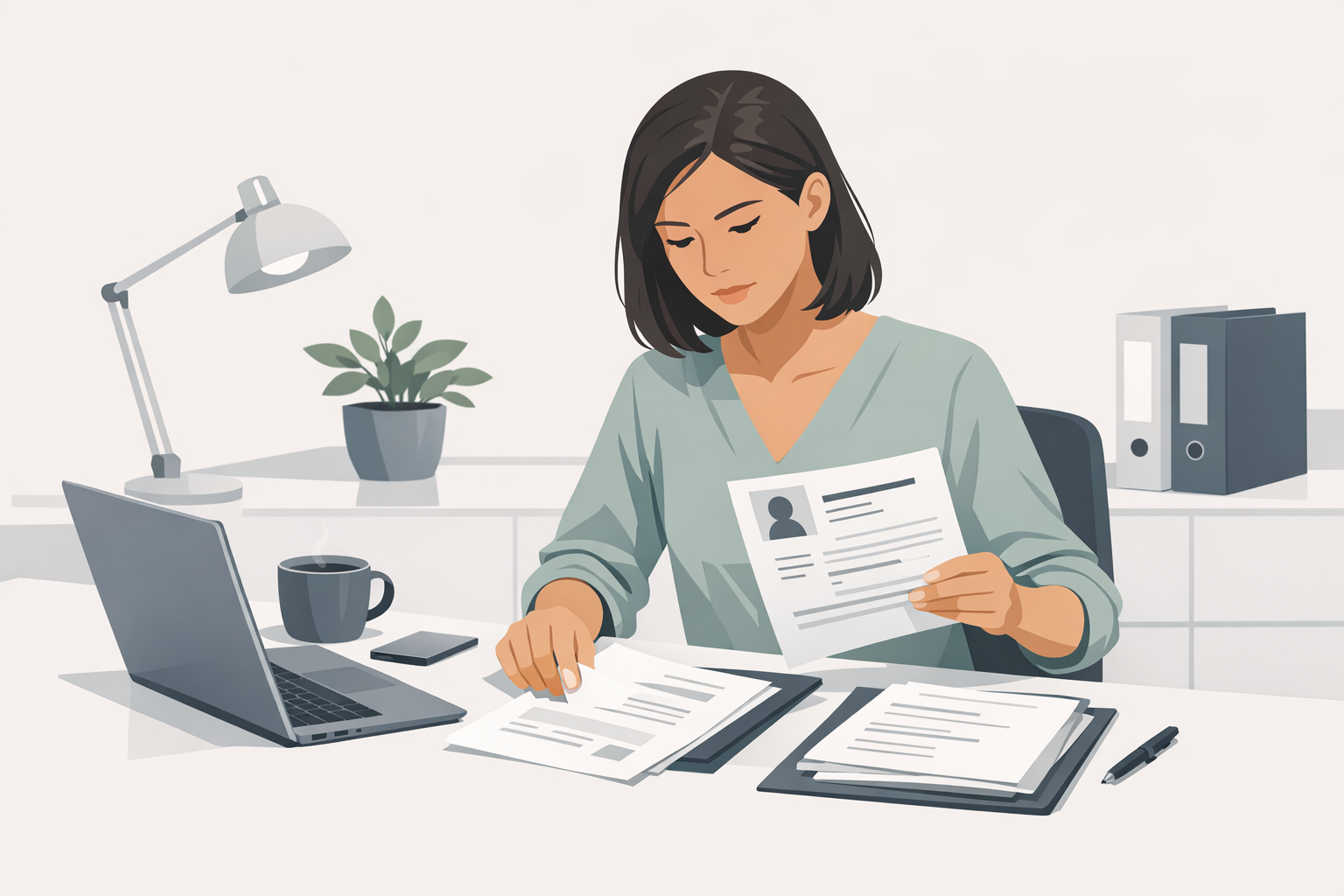 Junge Frau sitzt am Schreibtisch mit Laptop und ordnet Bewerbungsunterlagen, konzentrierte Arbeitsatmosphaere