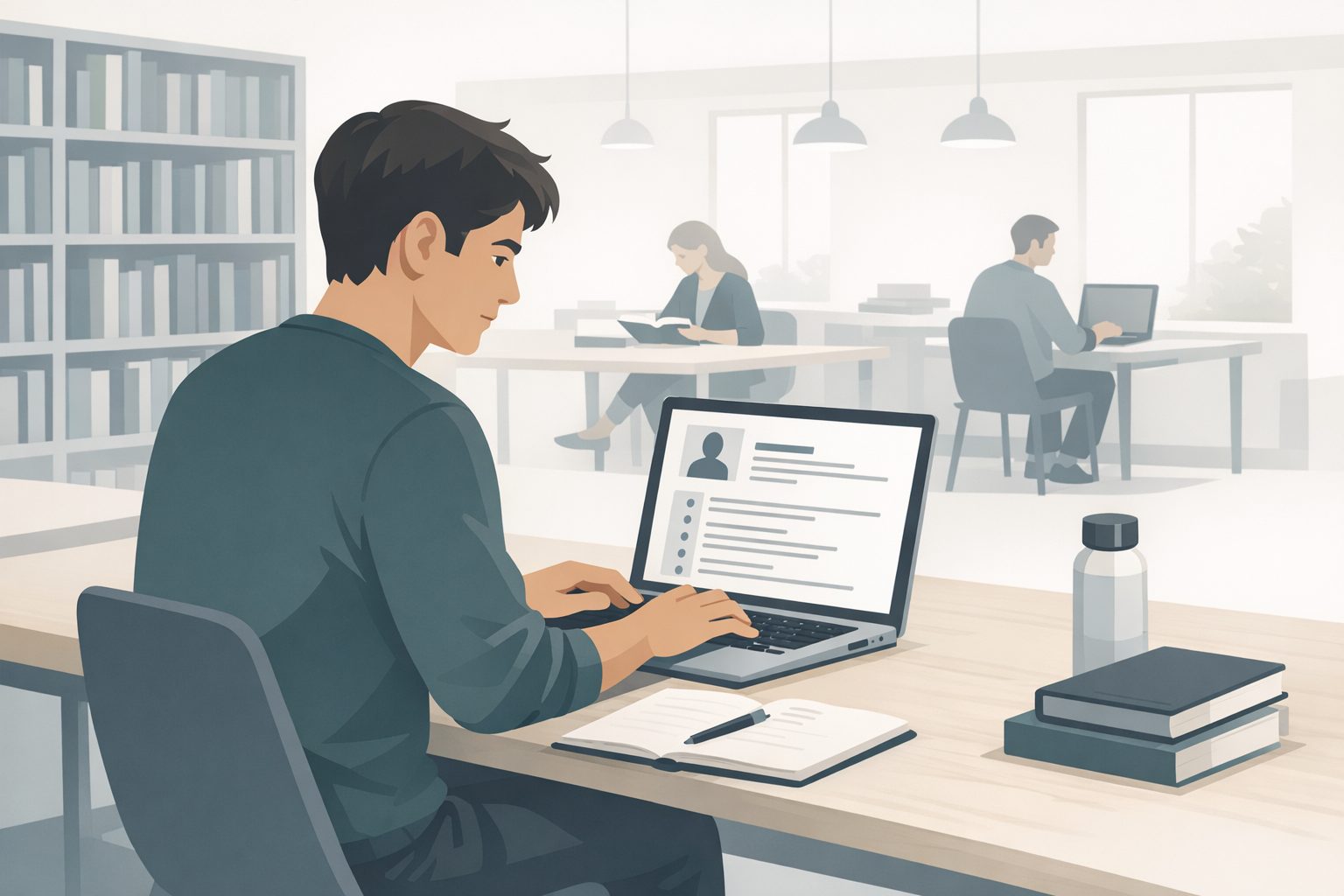 Student arbeitet konzentriert an seinem Lebenslauf am Laptop in einer Bibliothek