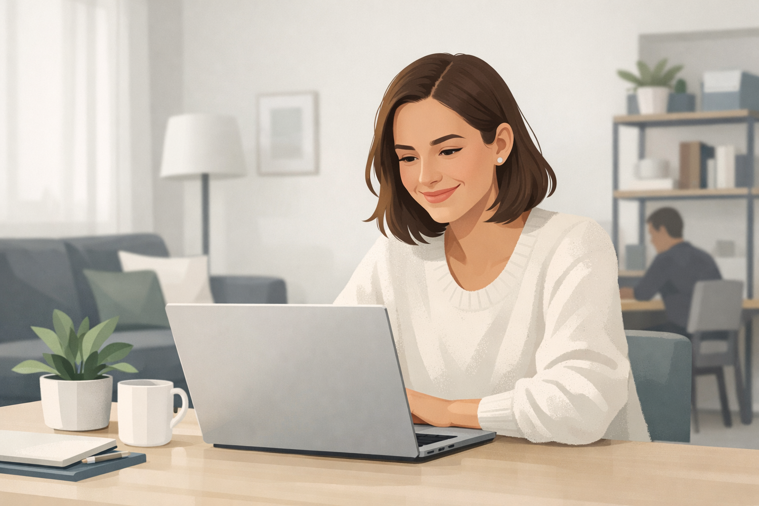 Junge Frau schaut laechelnd auf ihren Laptopbildschirm in einem hellen WG-Zimmer, zufriedener Gesichtsausdruck