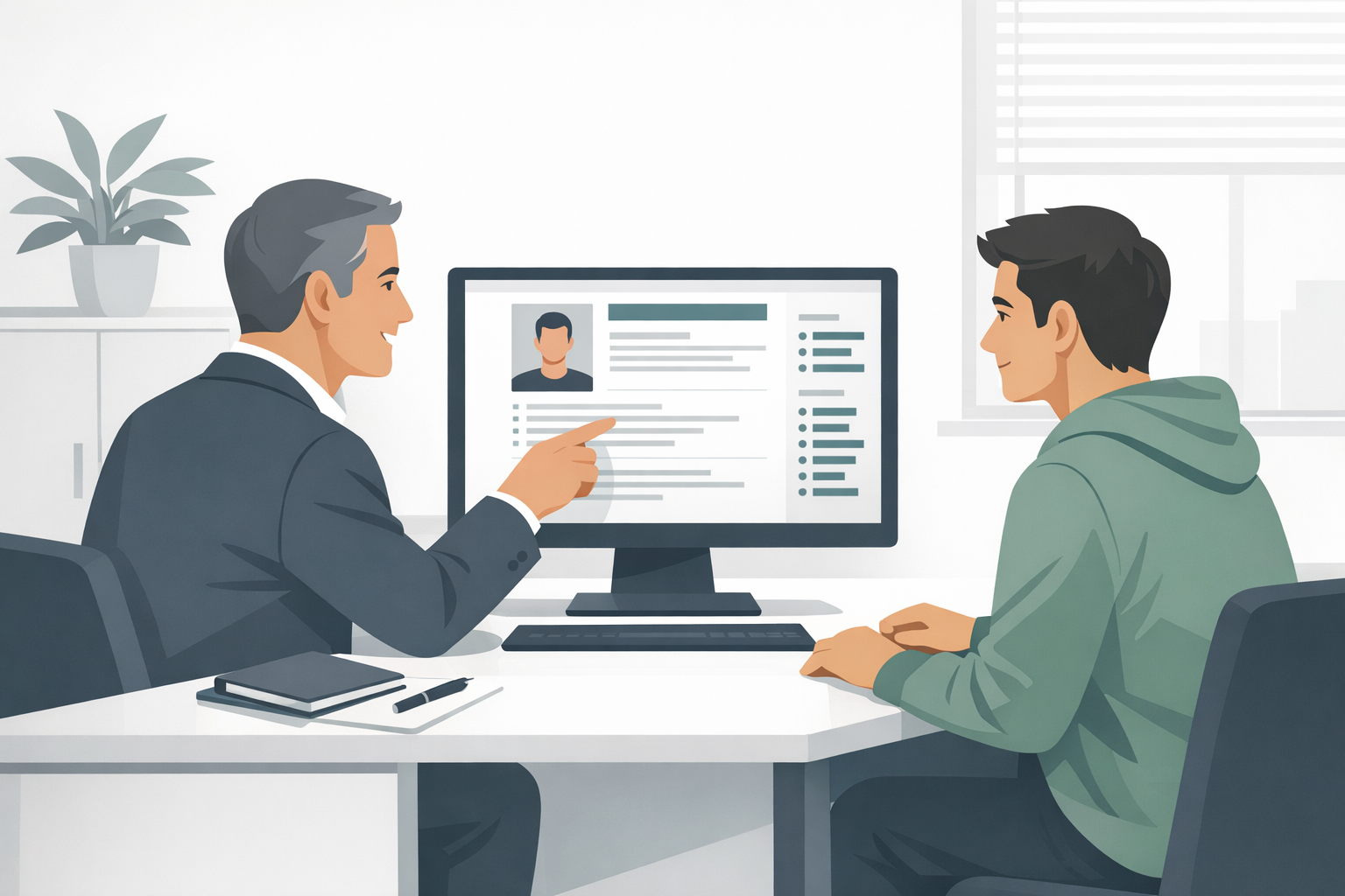 Berufsberater zeigt einem jungen Mann am Bildschirm seinen ueberarbeiteten Lebenslauf, freundliche Bueroszenerie