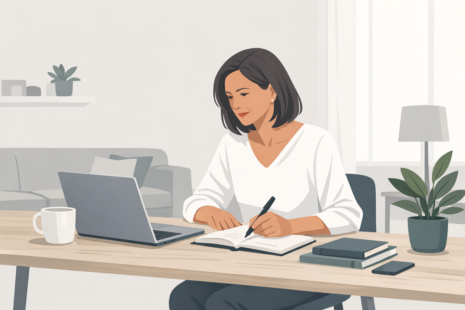 Frau mittleren Alters sitzt konzentriert an einem Laptop und macht sich Notizen, Karriereplanung zu Hause