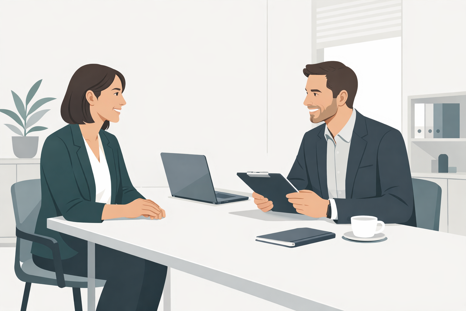 Bewerberin und Personaler sitzen sich laechelnd in einem freundlichen Besprechungsraum gegenueber, entspannte Gespraechsatmosphaere