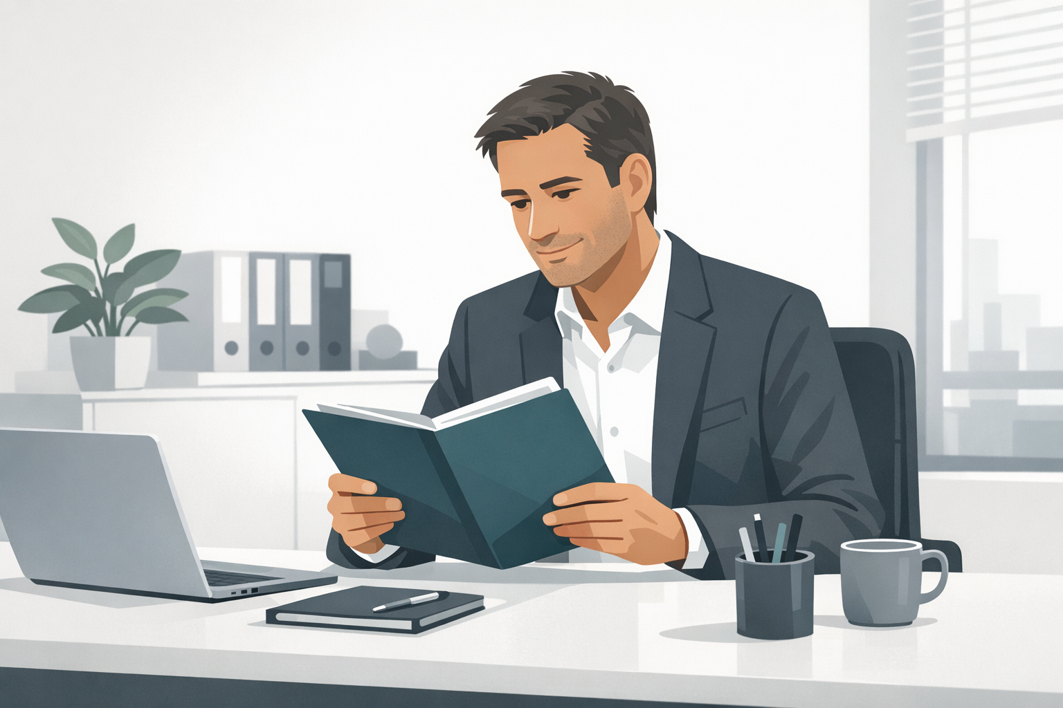 Personalverantwortlicher liest eine Bewerbungsmappe an seinem Schreibtisch, nachdenklich aber positiv gestimmt