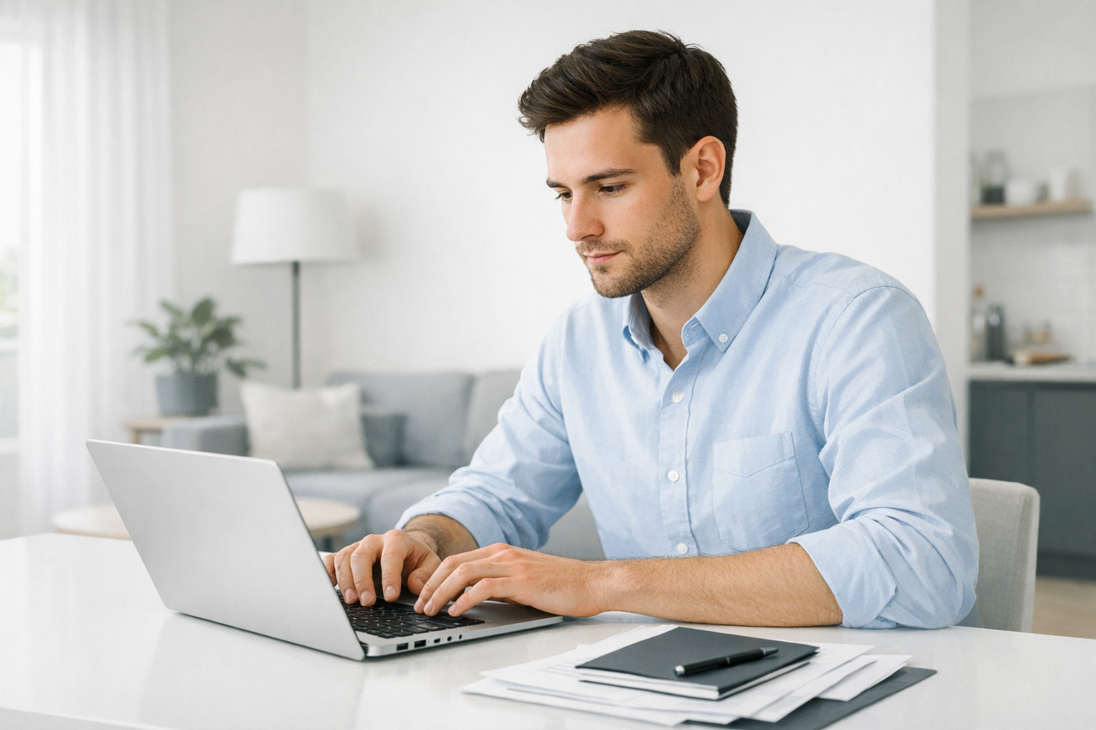 Mann Ende zwanzig im Hemd tippt konzentriert eine Bewerbung am Laptop, helle Wohnung im Hintergrund