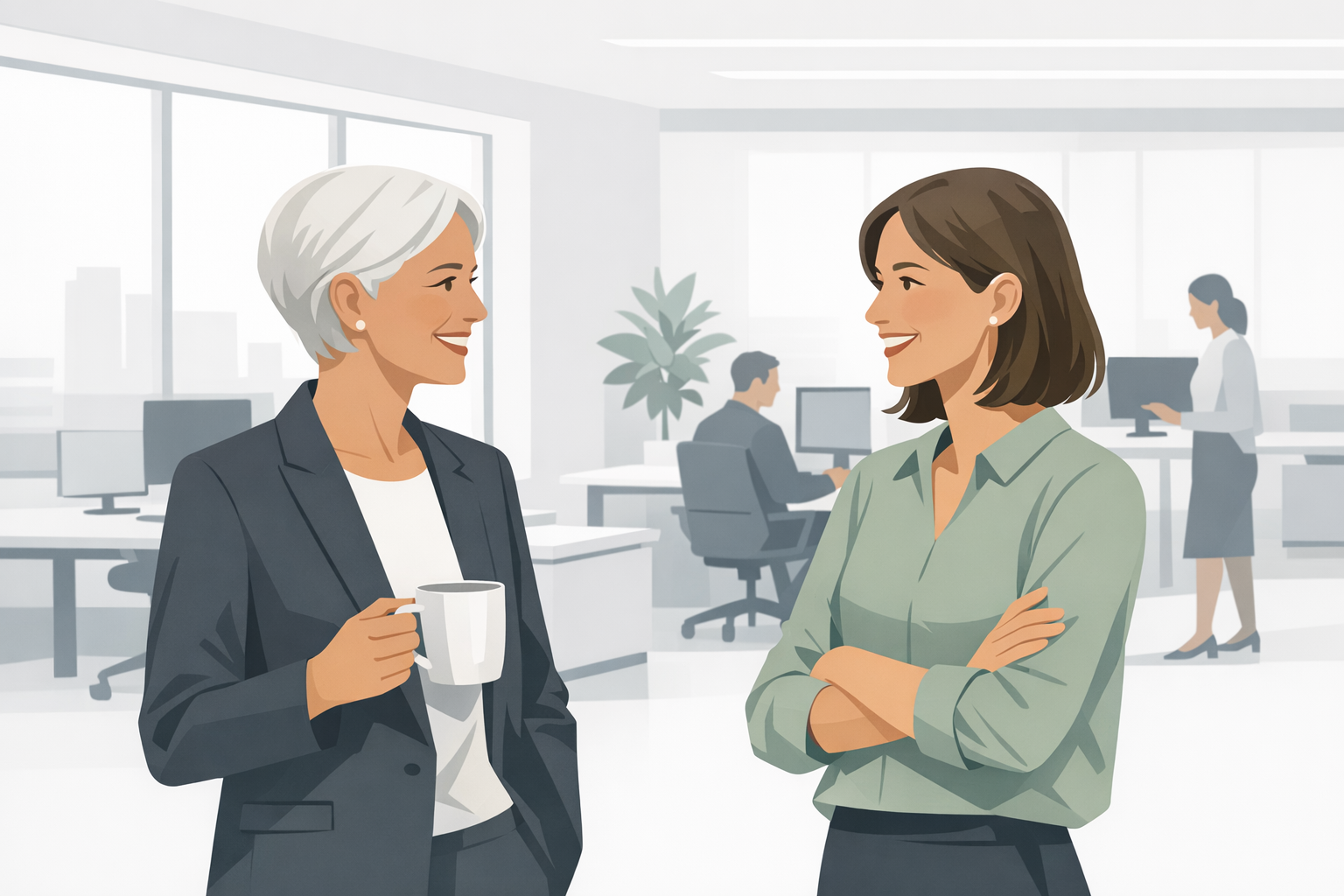 Zwei Kolleginnen unterschiedlichen Alters unterhalten sich freundlich in einem modernen Grossraumbuero