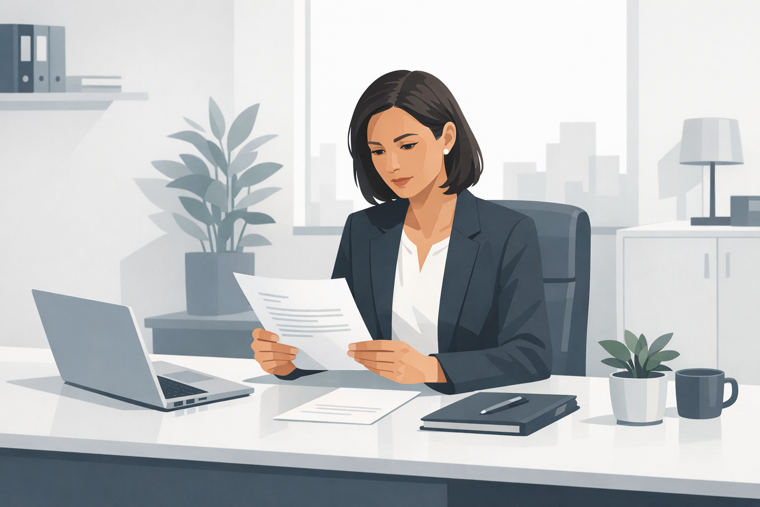 Personaler liest konzentriert ein Bewerbungsschreiben an ihrem Schreibtisch im Buero