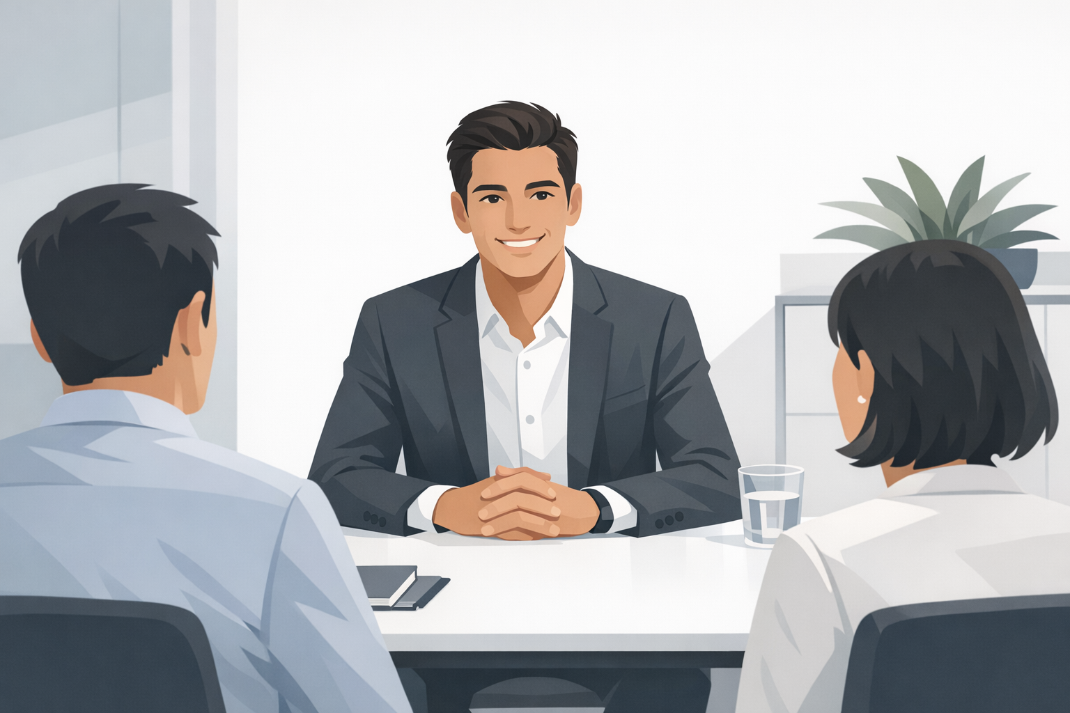 Junger Mann laechelt selbstbewusst in einem Bewerbungsgespraech gegenueber zwei Personen