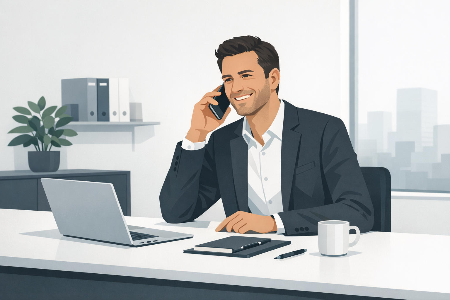 Mann in Business-Kleidung telefoniert laechelnd an einem aufgeraeumten Schreibtisch